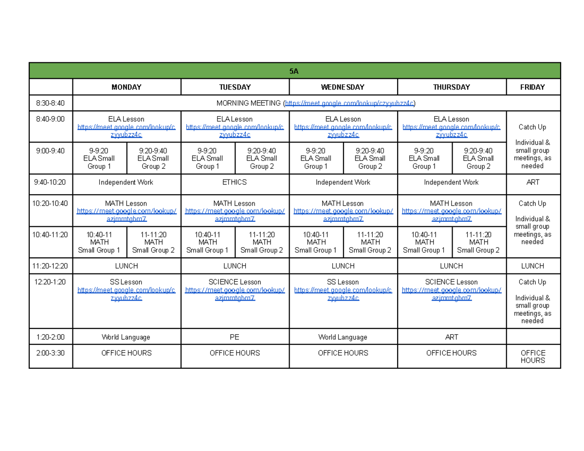 5A Schedule - 5A MONDAY TUESDAY WEDNESDAY THURSDAY FRIDAY 8:30-8:40 ...