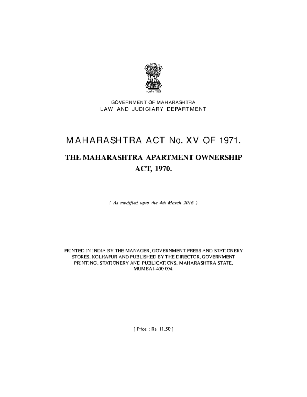 The maharashtra apartment ownership act, 1970 GOVERNM ENT OF M