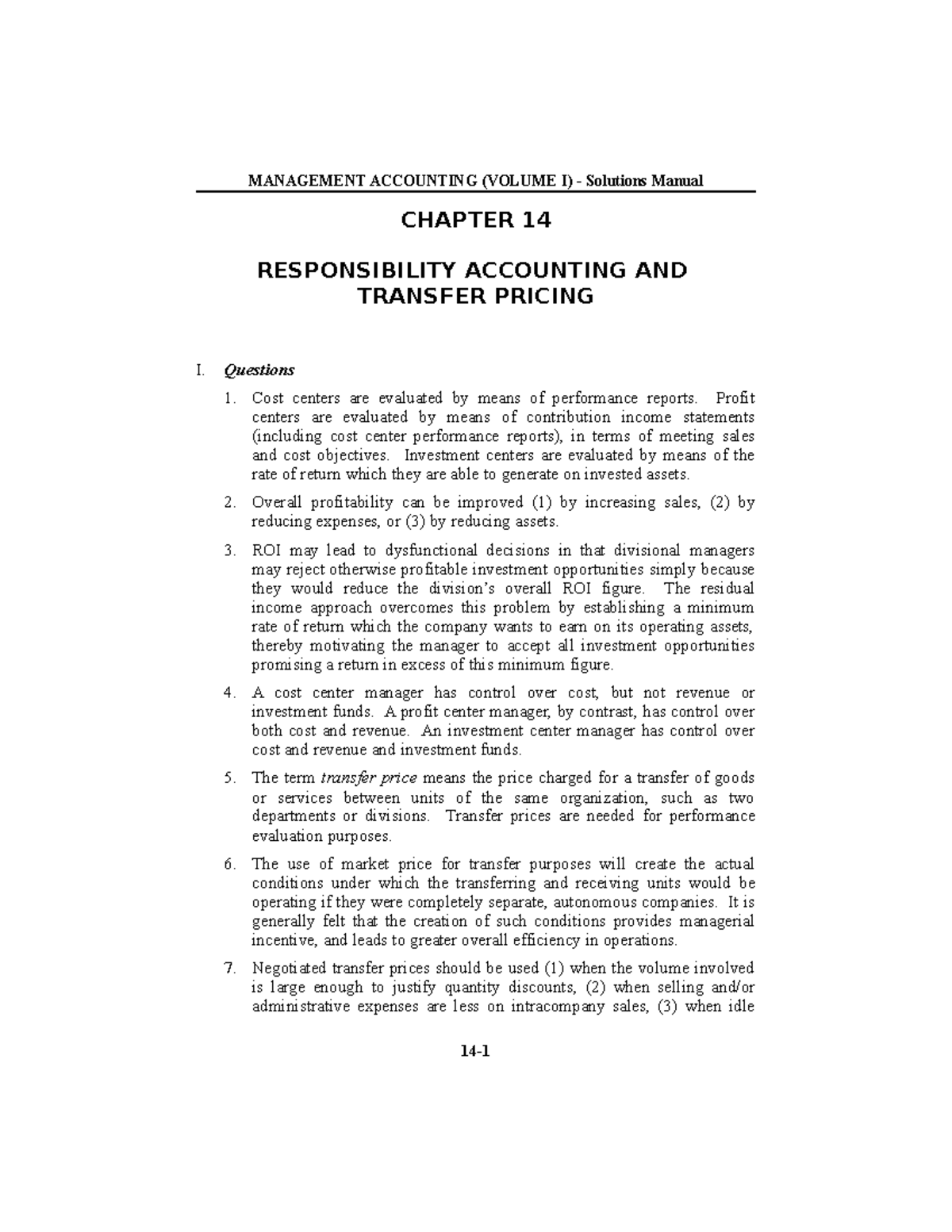 Chapter 14 - Responsibility Accounting - MANAGEMENT ACCOUNTING (VOLUME ...