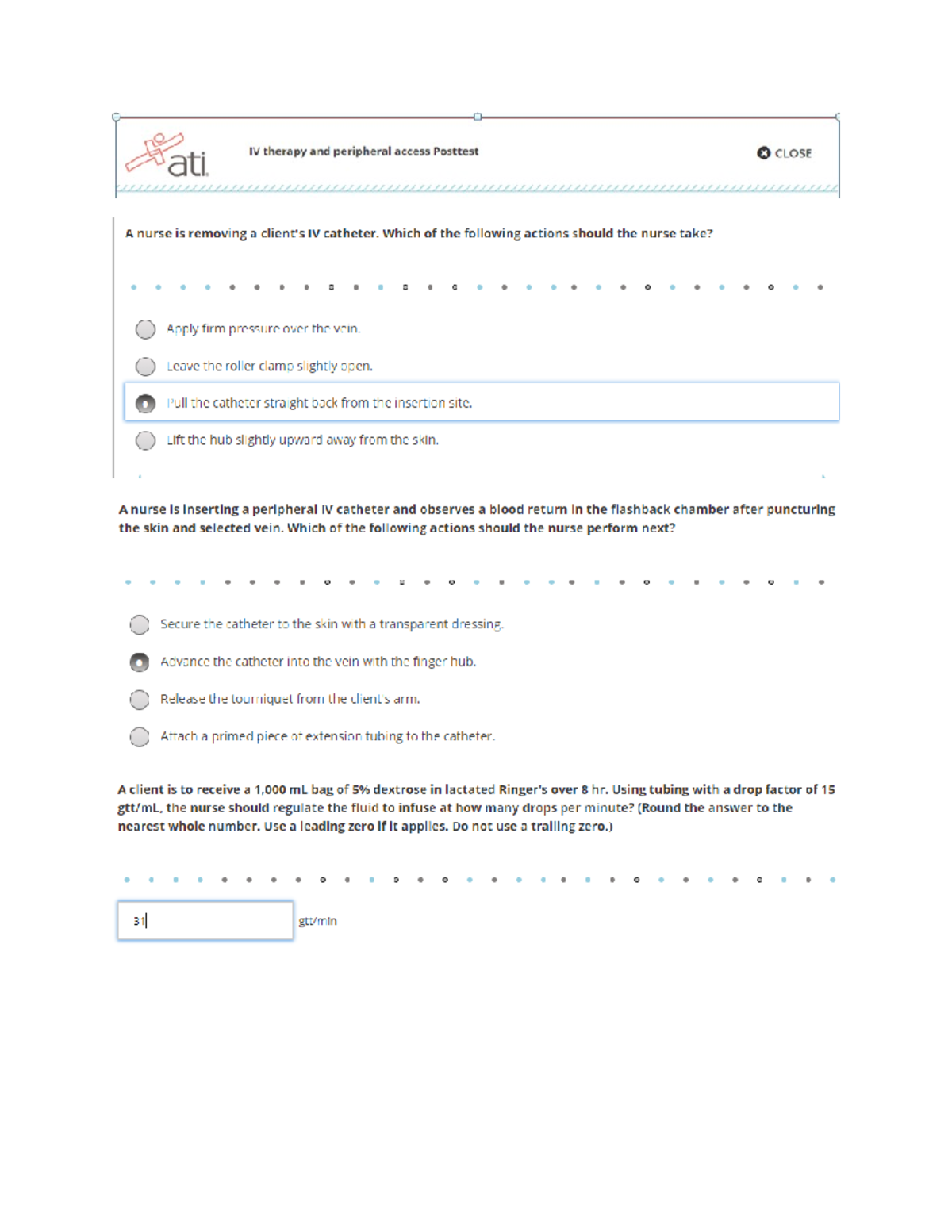 IV Therapy and peripheral acess Posttest ati skills module LPN 112