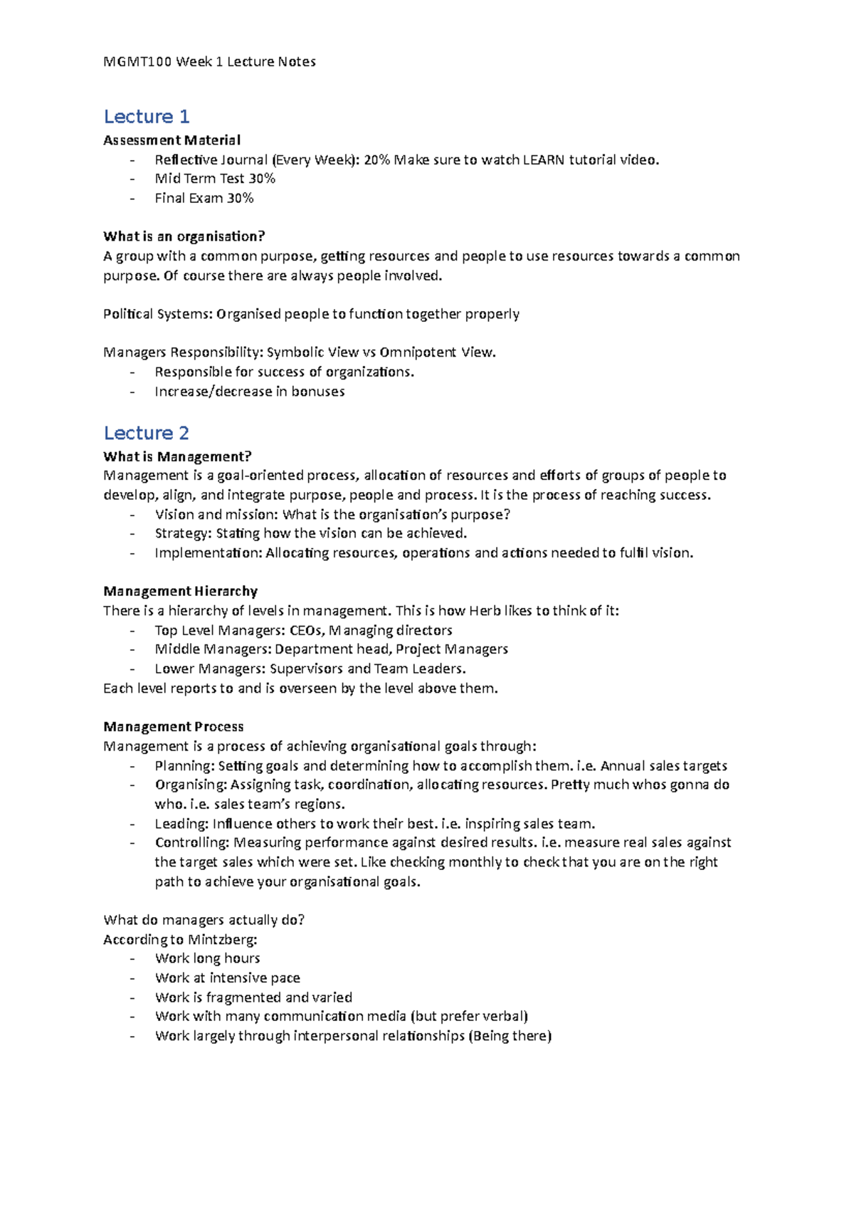 MGMT100 Week 1 (Lectures 1-3) Lecture Notes - MGMT100 Week 1 Lecture ...
