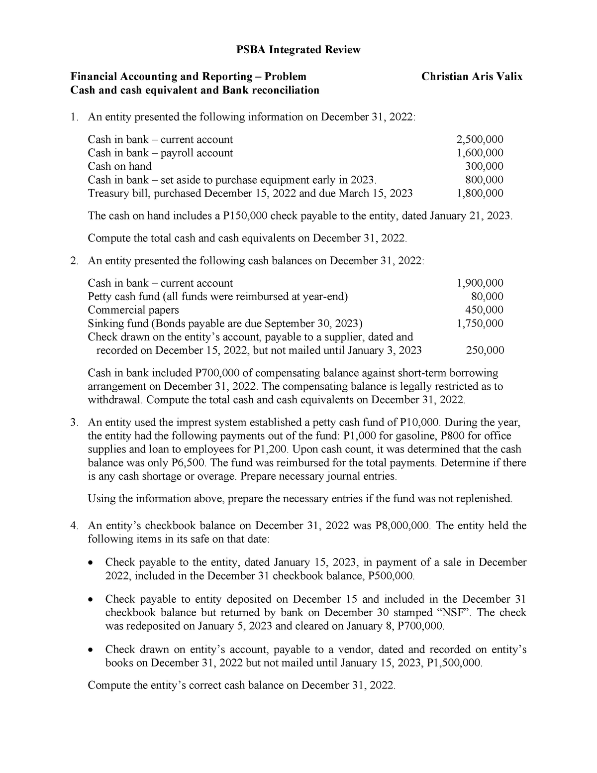 Cash And Cash Equivalent And Bank Reconciliation, Problems - PSBA ...