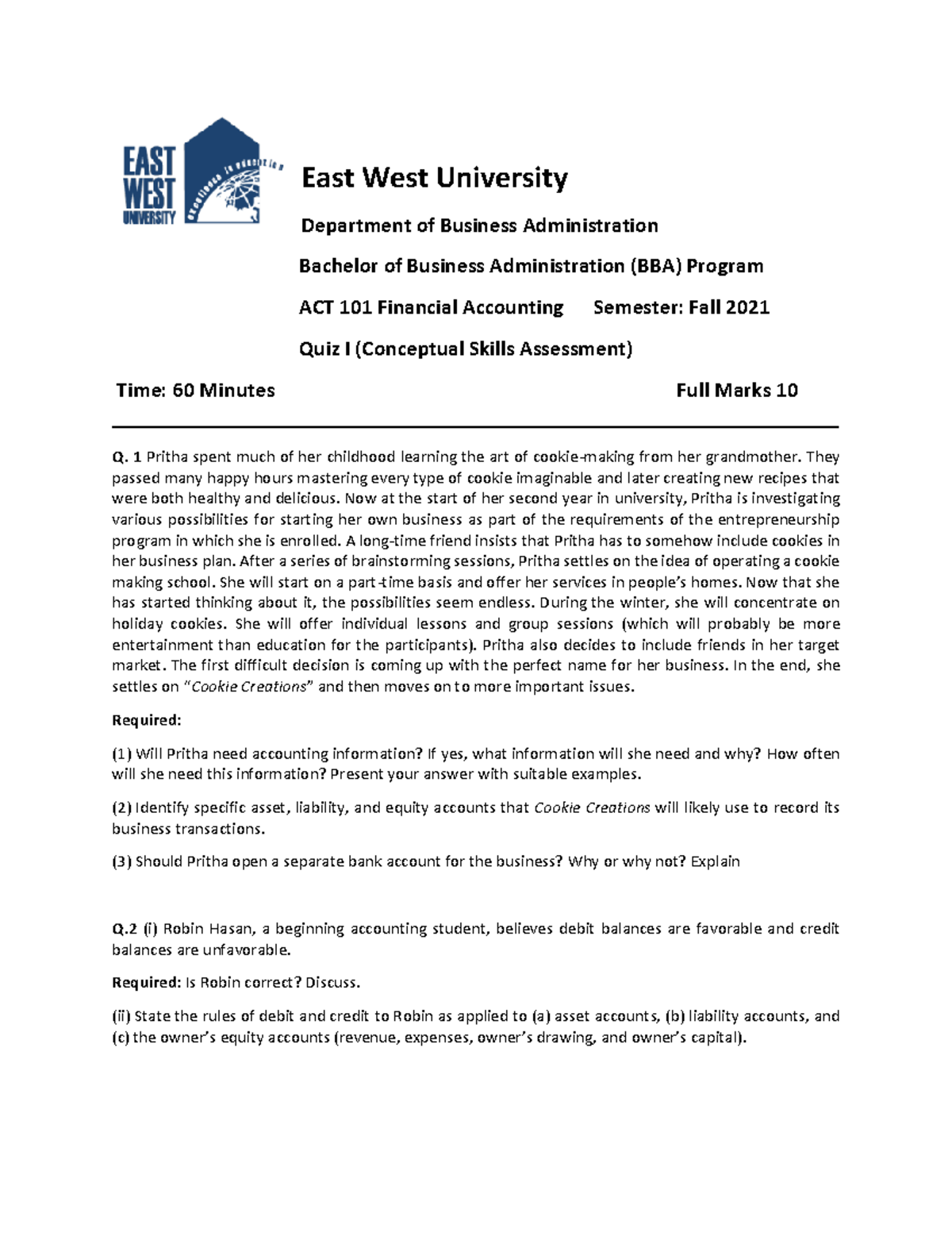Question - East West University Department of Business Administration ...