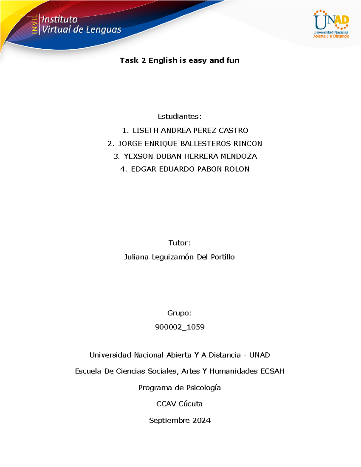Task 2. grupo 900002 1059 - Task 2 English is easy and fun Estudiantes ...