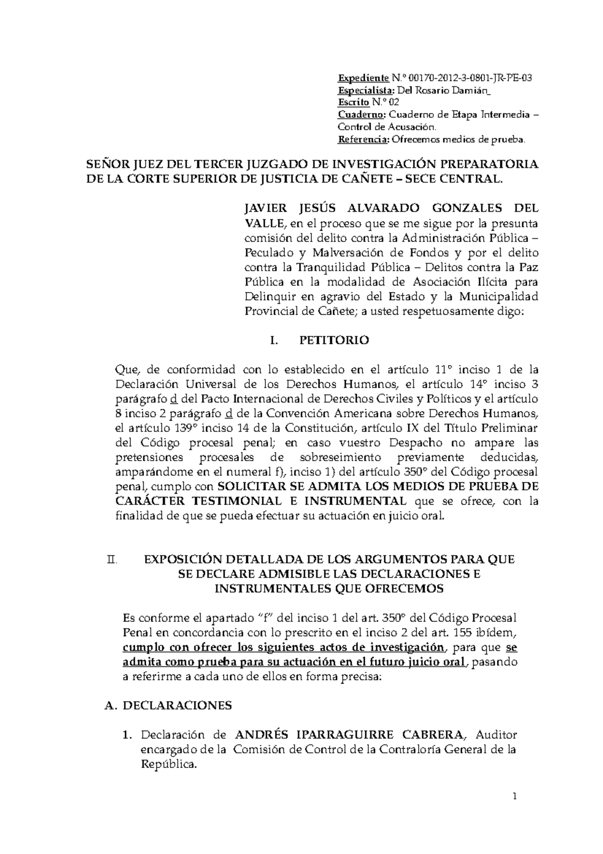 Ofrecimiento De Pruebas Javier Alvarado Studocu