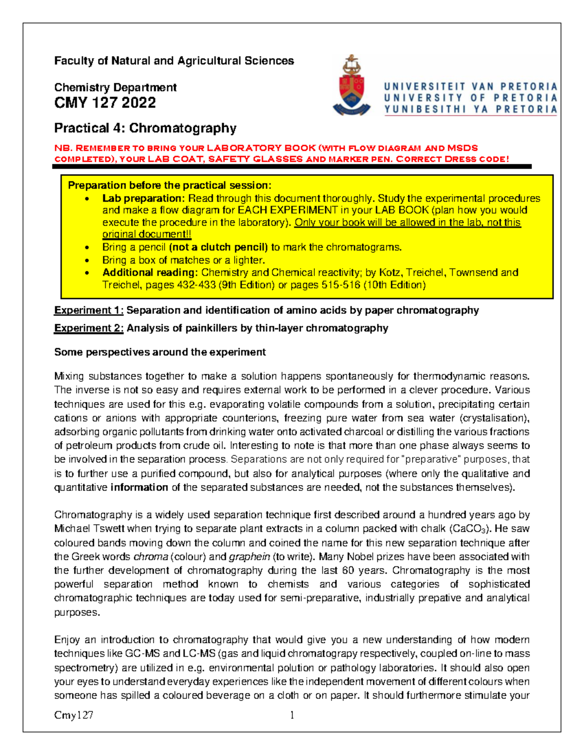 Practical 4 Chromatography Instructions Faculty of Natural and