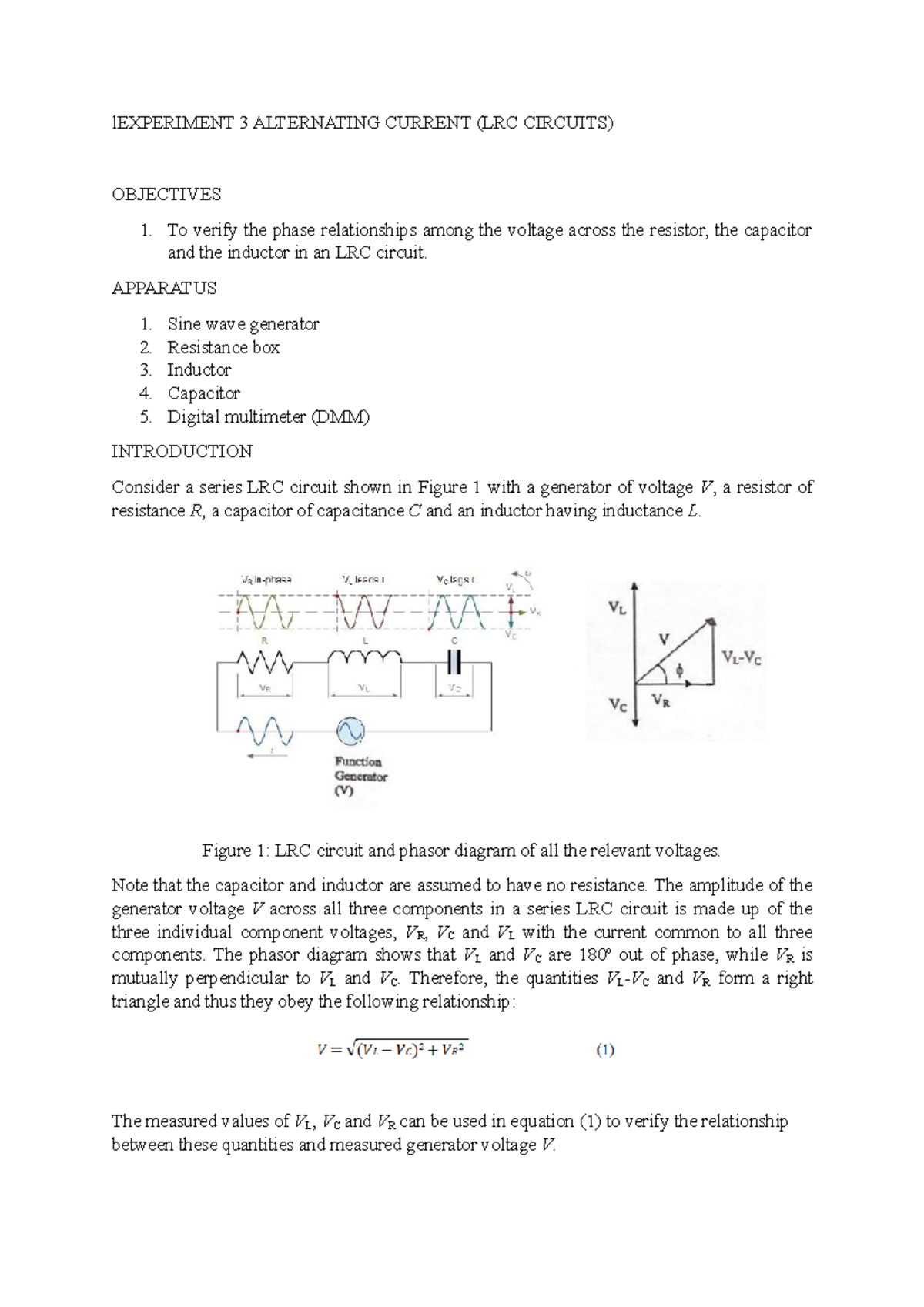 PHY443 Experiment 3 Alternating Current lEXPERIMENT 3 ALTERNATING
