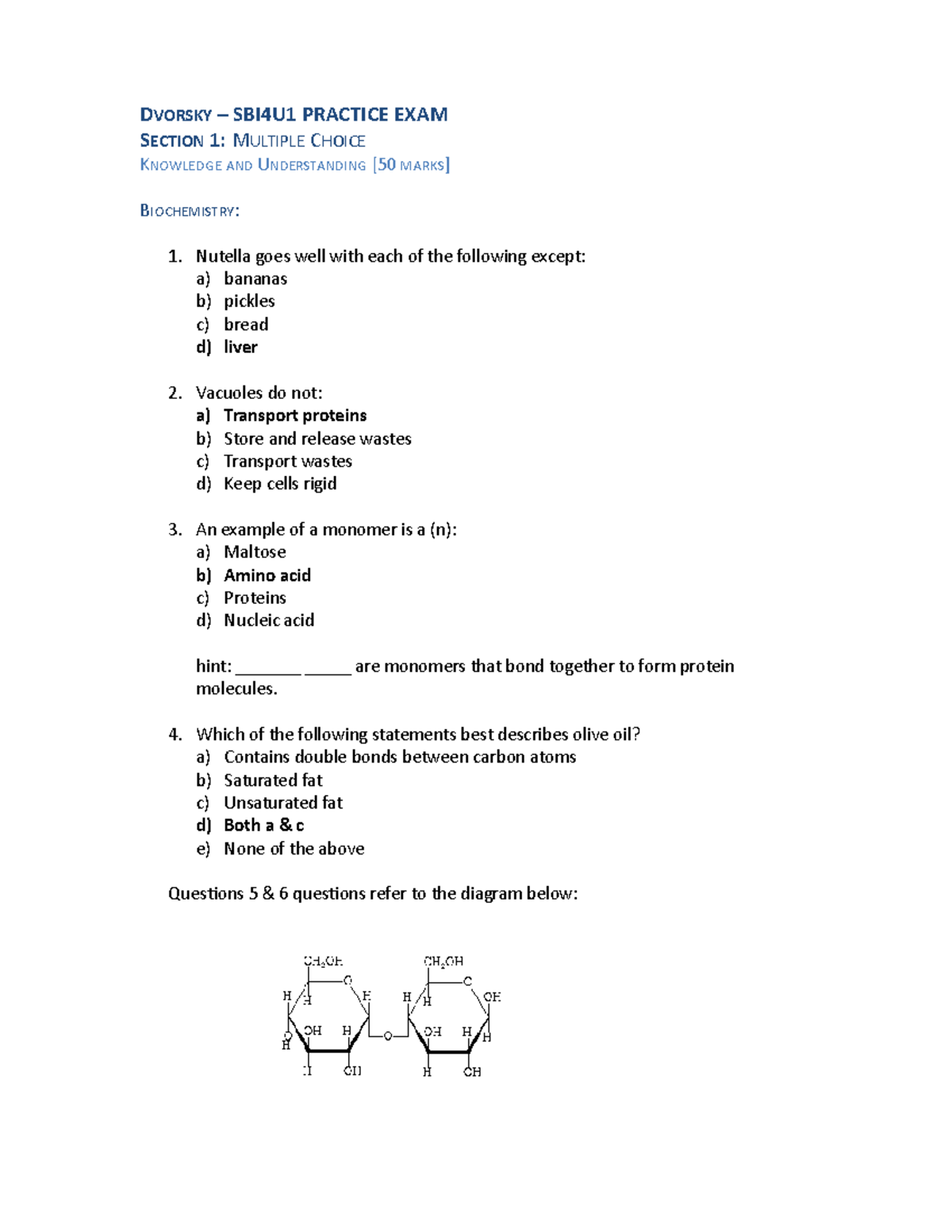 Practice Final Exam With Answers BIOCHEM - DVORSKY – SBI4U1 PRACTICE ...