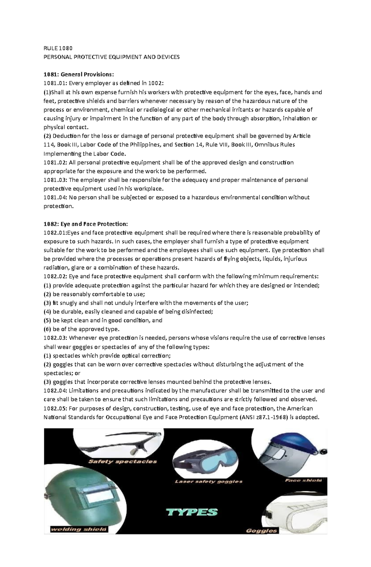 RULE 1080 Rule 1080 Summary RULE 1080 PERSONAL PROTECTIVE EQUIPMENT AND DEVICES 1081