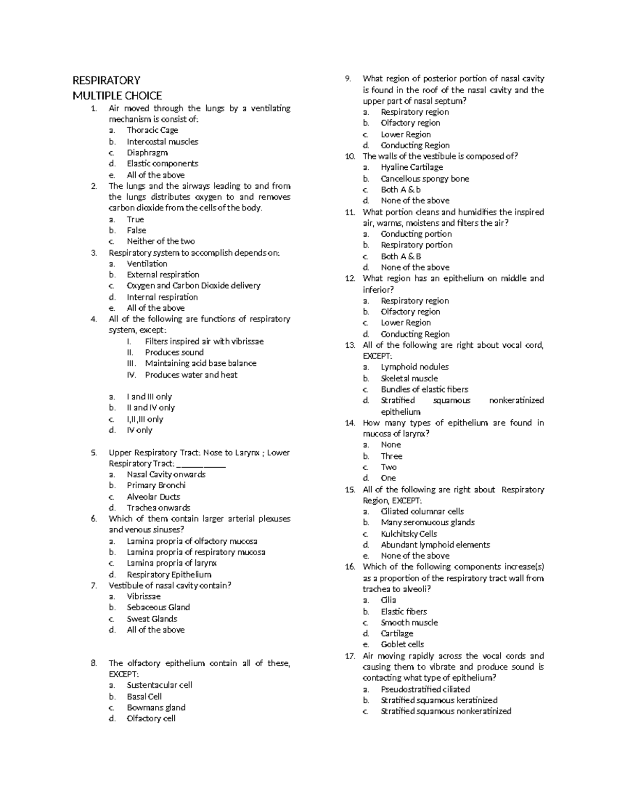 Respi exam - Summary Biochemistry - RESPIRATORY MULTIPLE CHOICE Air ...