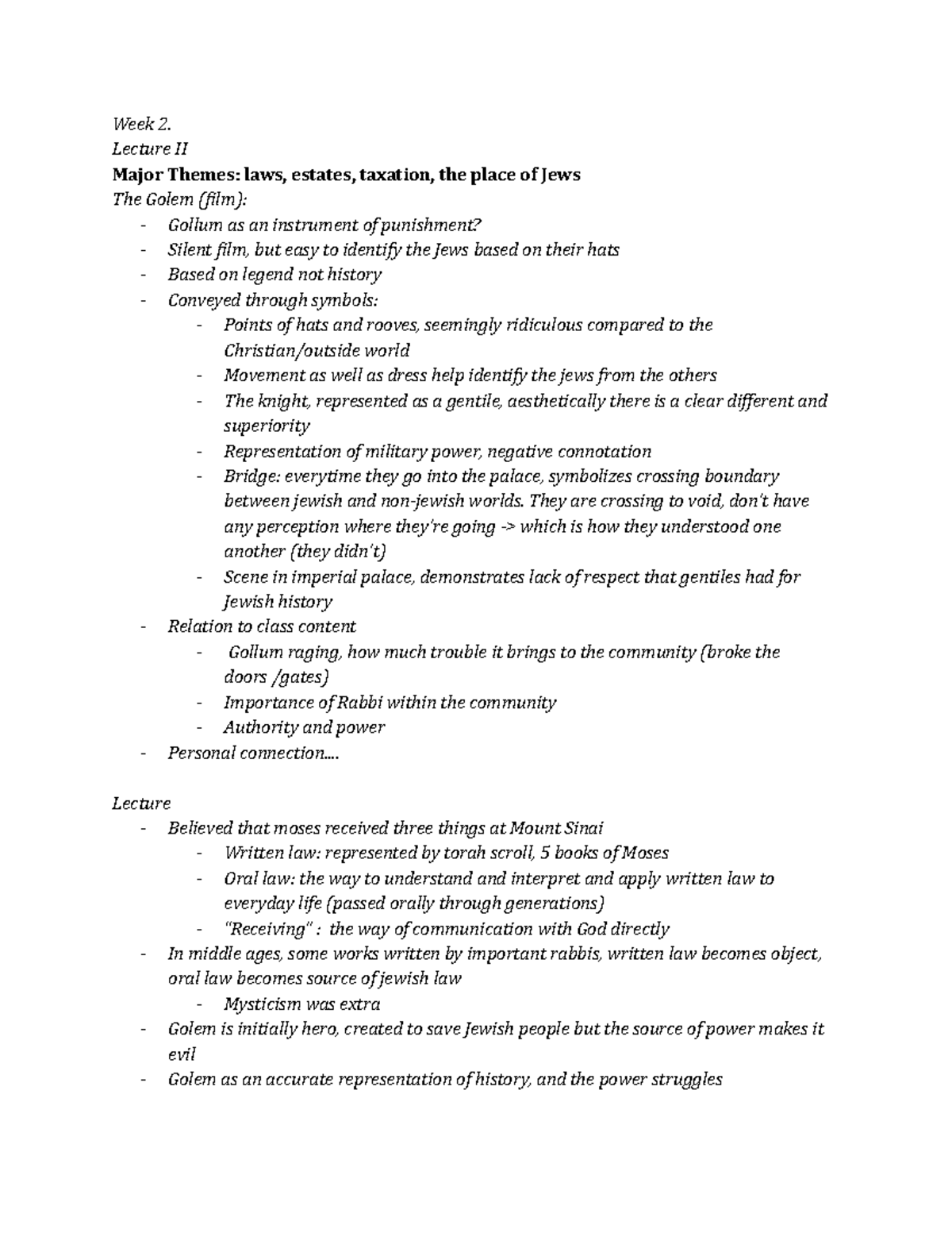 HIST 222 - Lecture notes 1-12 - Week 2. Lecture II Major Themes: laws ...