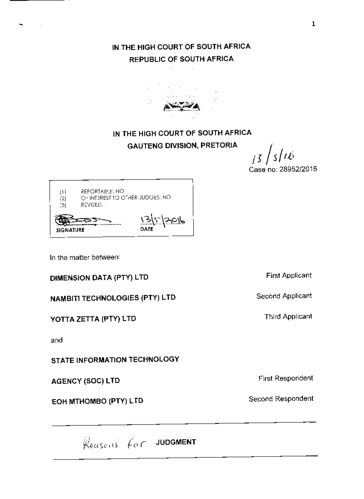 351 - Case law - 1 IN THE HIGH COURT OF SOUTH AFRICA REPUBLIC OF SOUTH ...