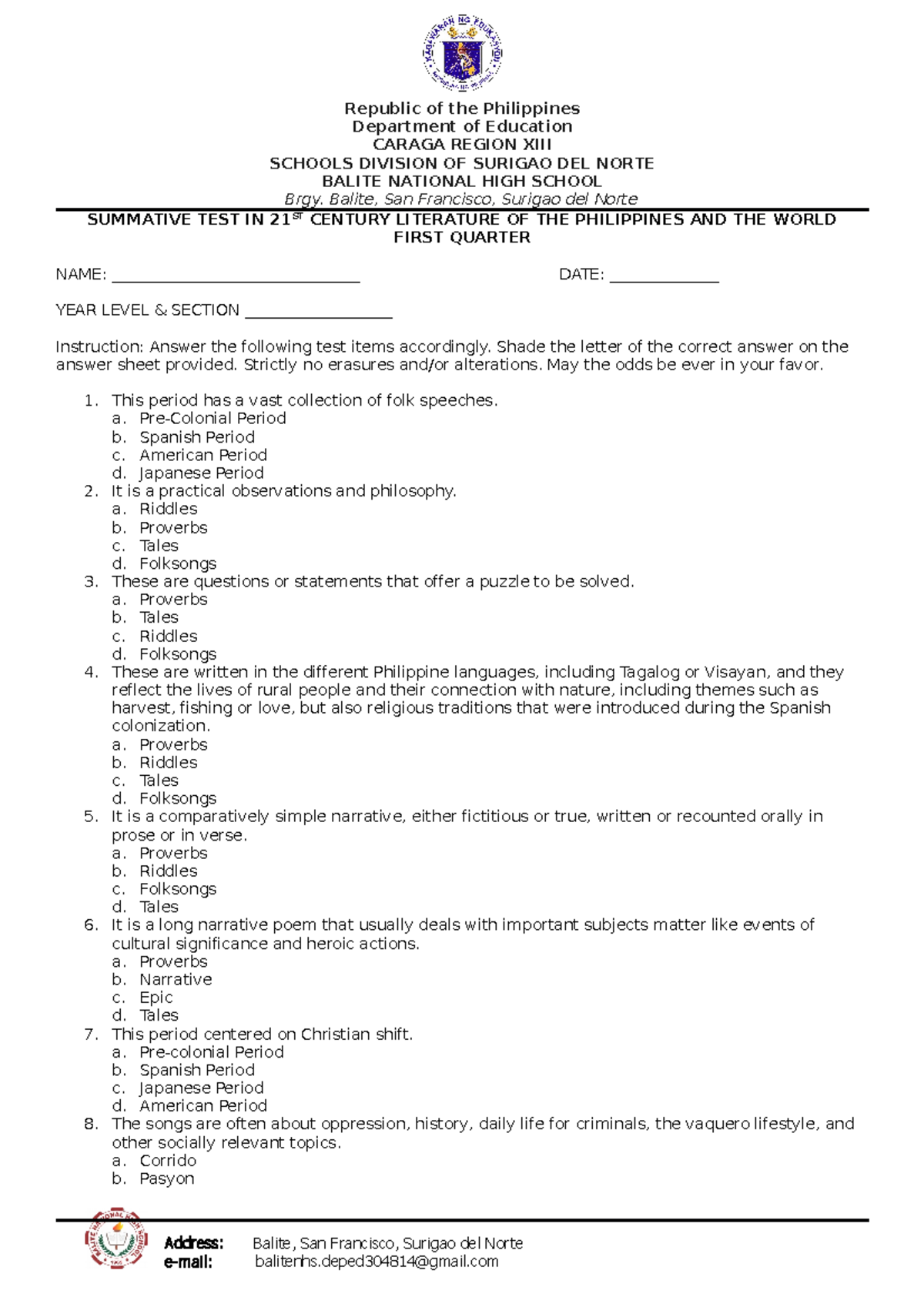 21st Summative Test - Work in the 21St Century - Department of ...