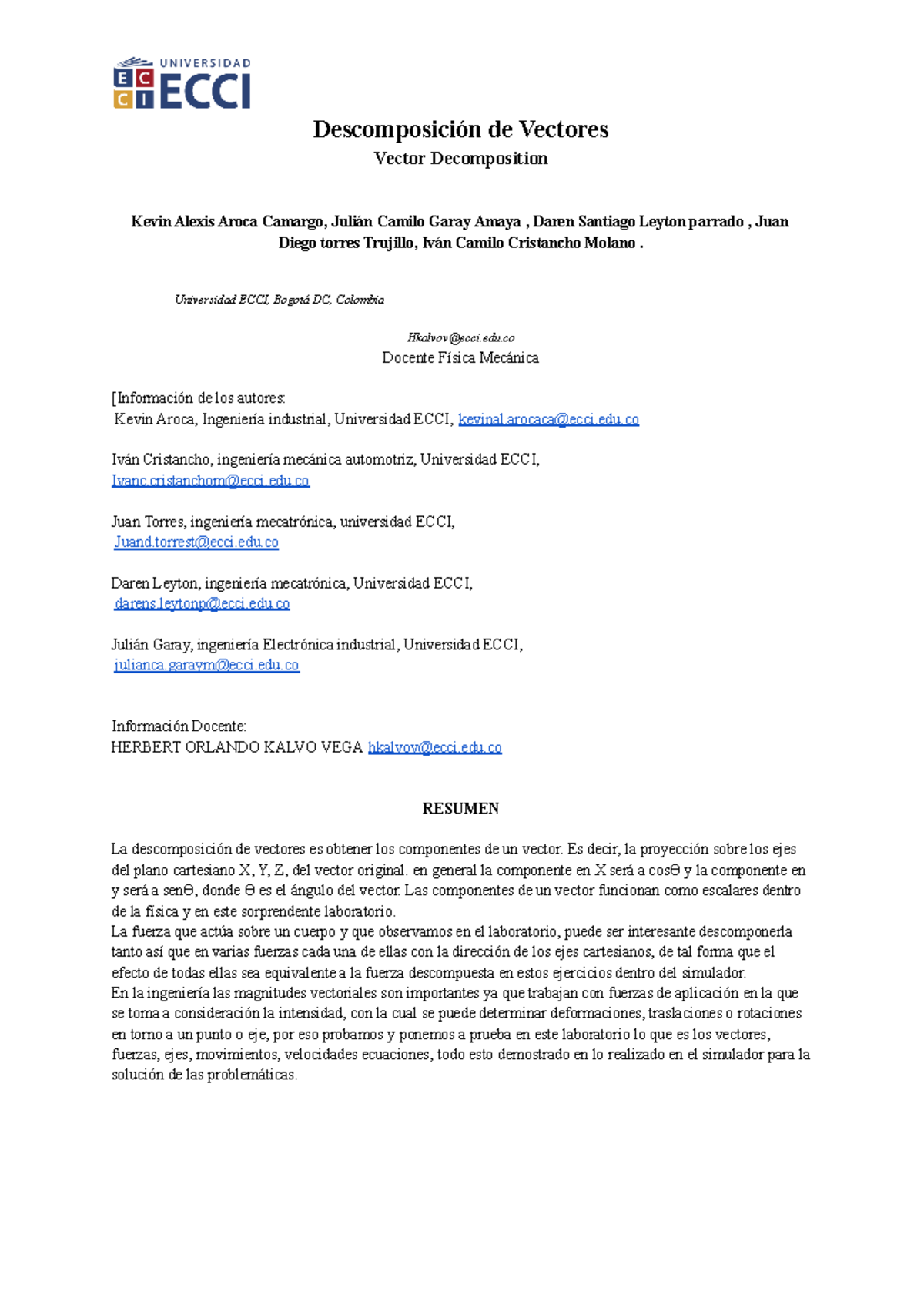 Informe Laboratorio Vectores Descomposición De Vectores Vector