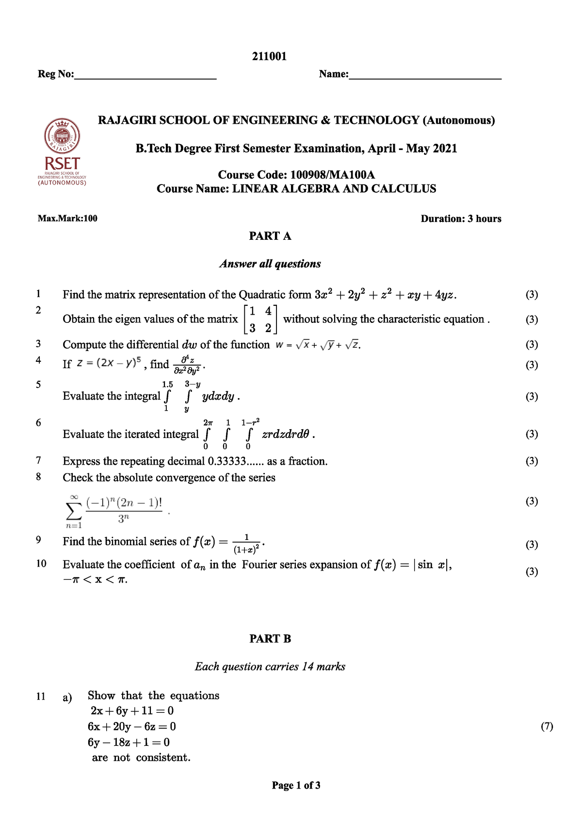 Linear Algebra and Calculus S1 ese qp - Engineering - Studocu