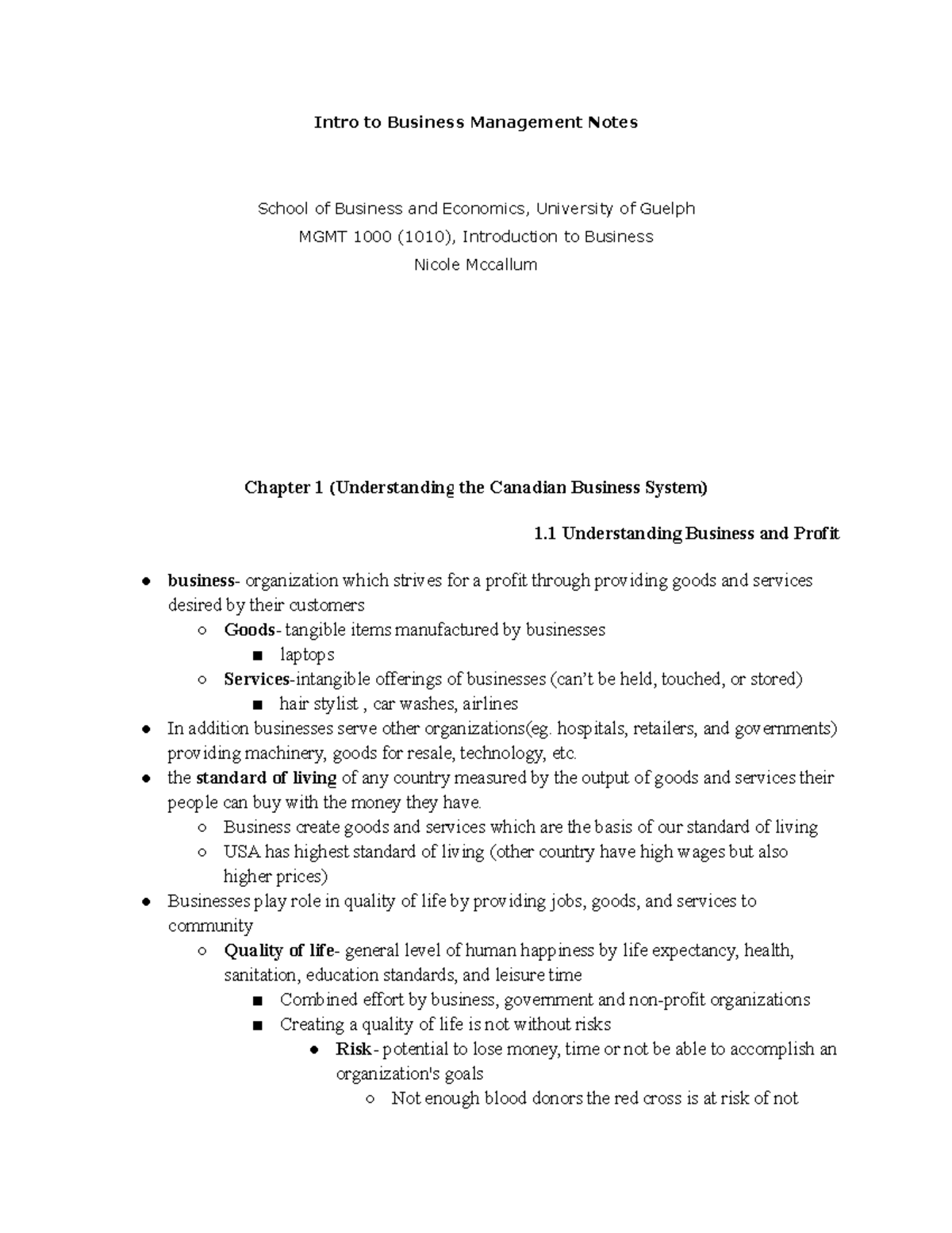 Copy of Intro to Business Management Notes - Intro to Business ...