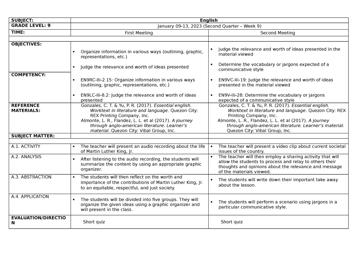 Week 9 - This Is A Daily Lesson Log For ESP 10. - SUBJECT: English ...