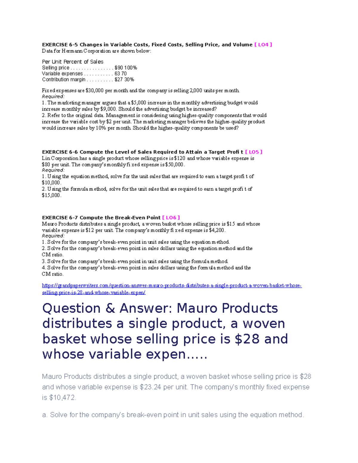 ACC ACC EXERCISE 65 Changes in Variable Costs, Fixed Costs