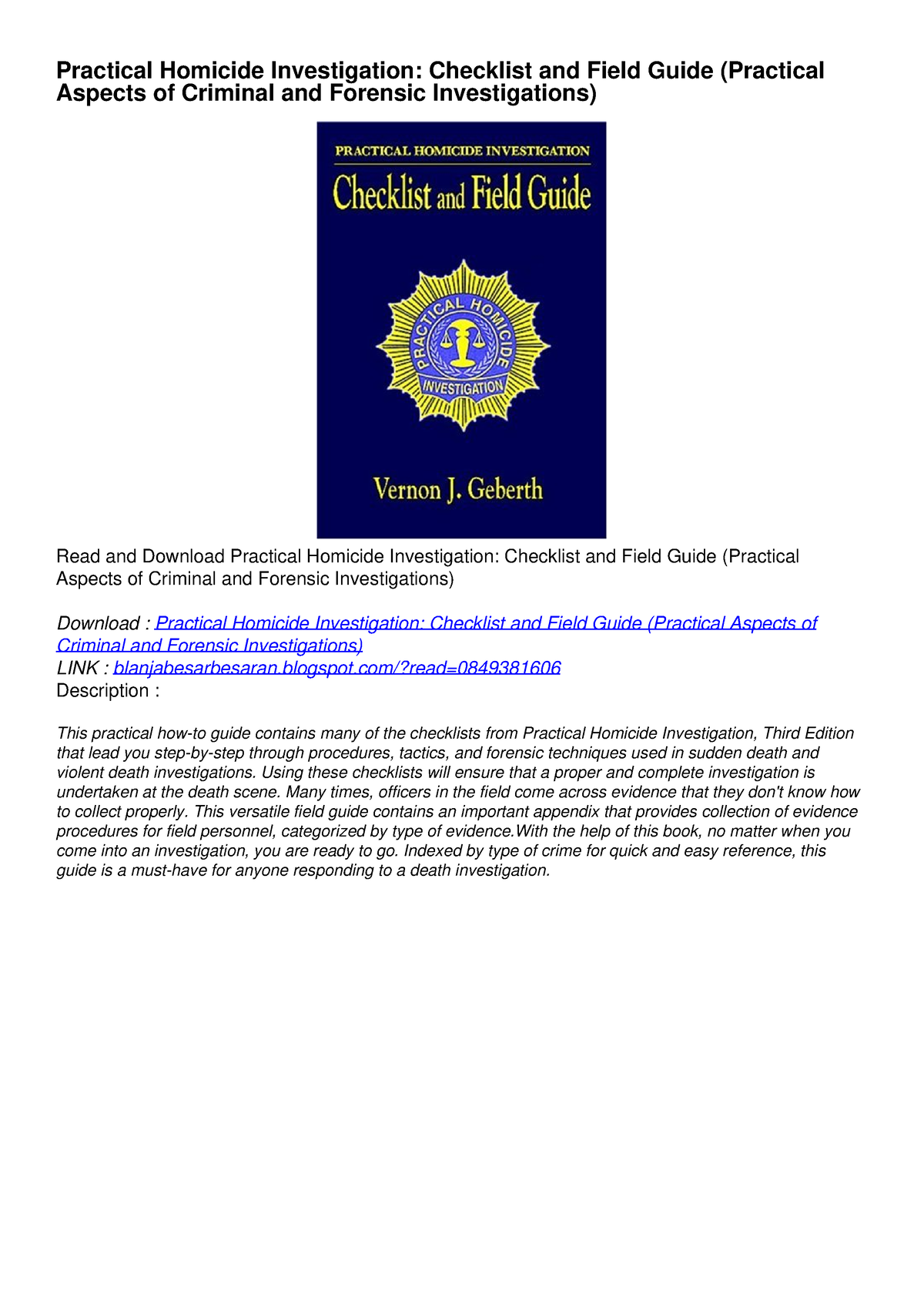 Pdfdownload Practical Homicide Investigation Checklist And Field Guide Practical Homicide 2643