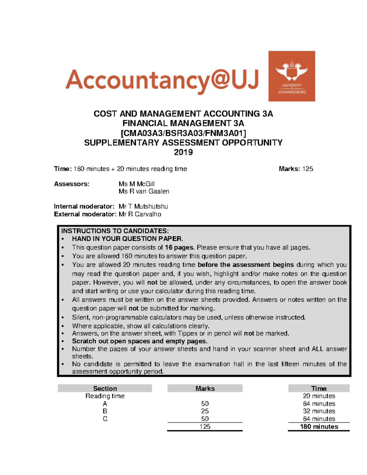 CMA03A3 FNM3A01 BSR3A01 Supplementary COST AND MANAGEMENT