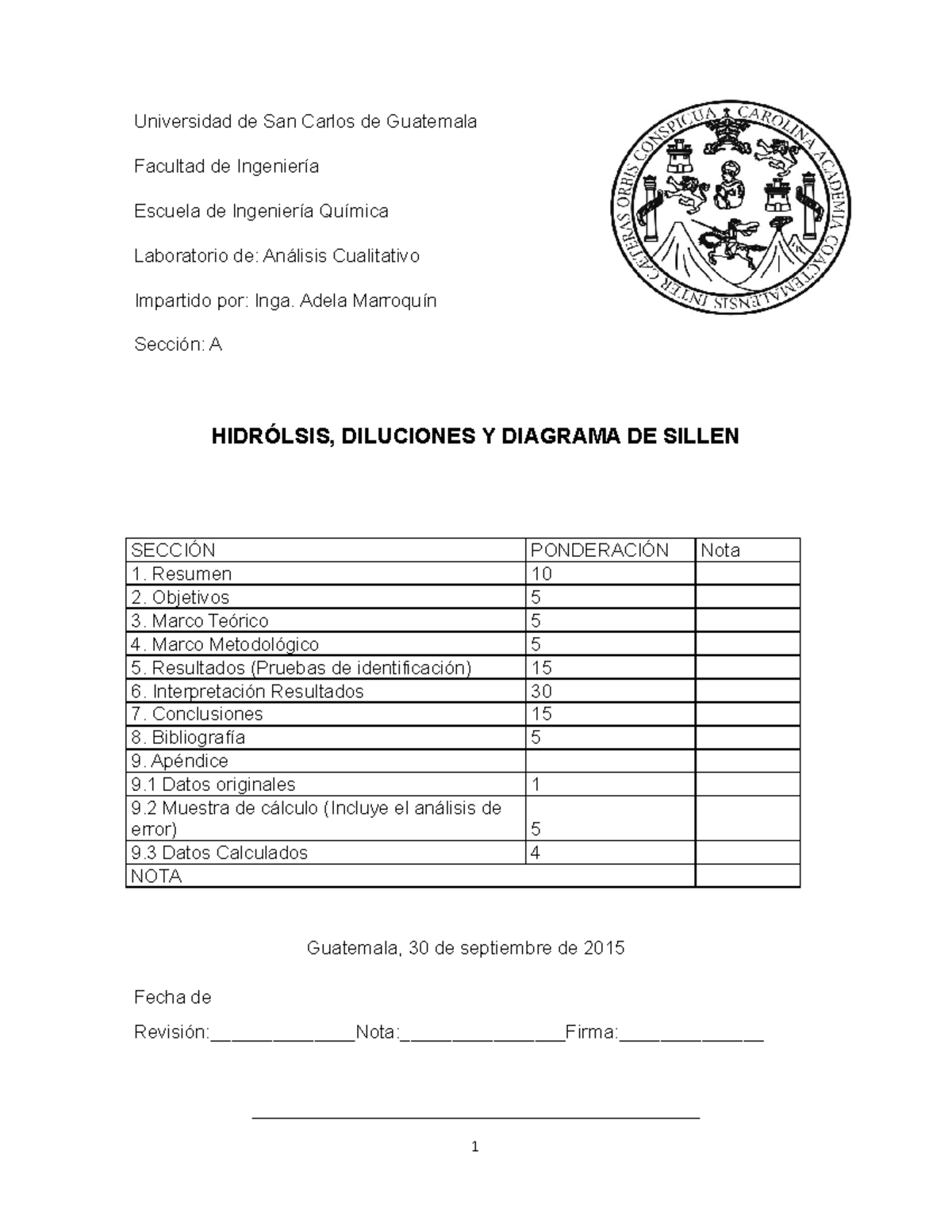 Hidrolsis Diluciones Y Diagrama DE Sille Reporte - Universidad De San ...