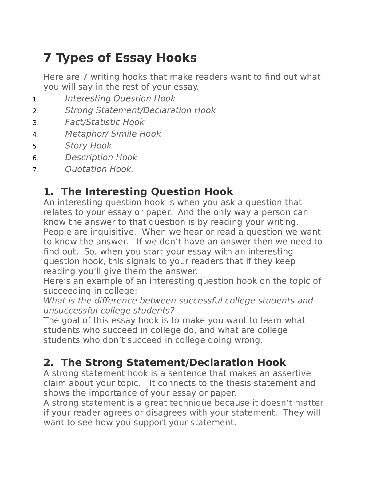 7 Types of Essay Hooks - 7 Types of Essay Hooks Here are 7 writing hooks  that make readers want to - Studocu