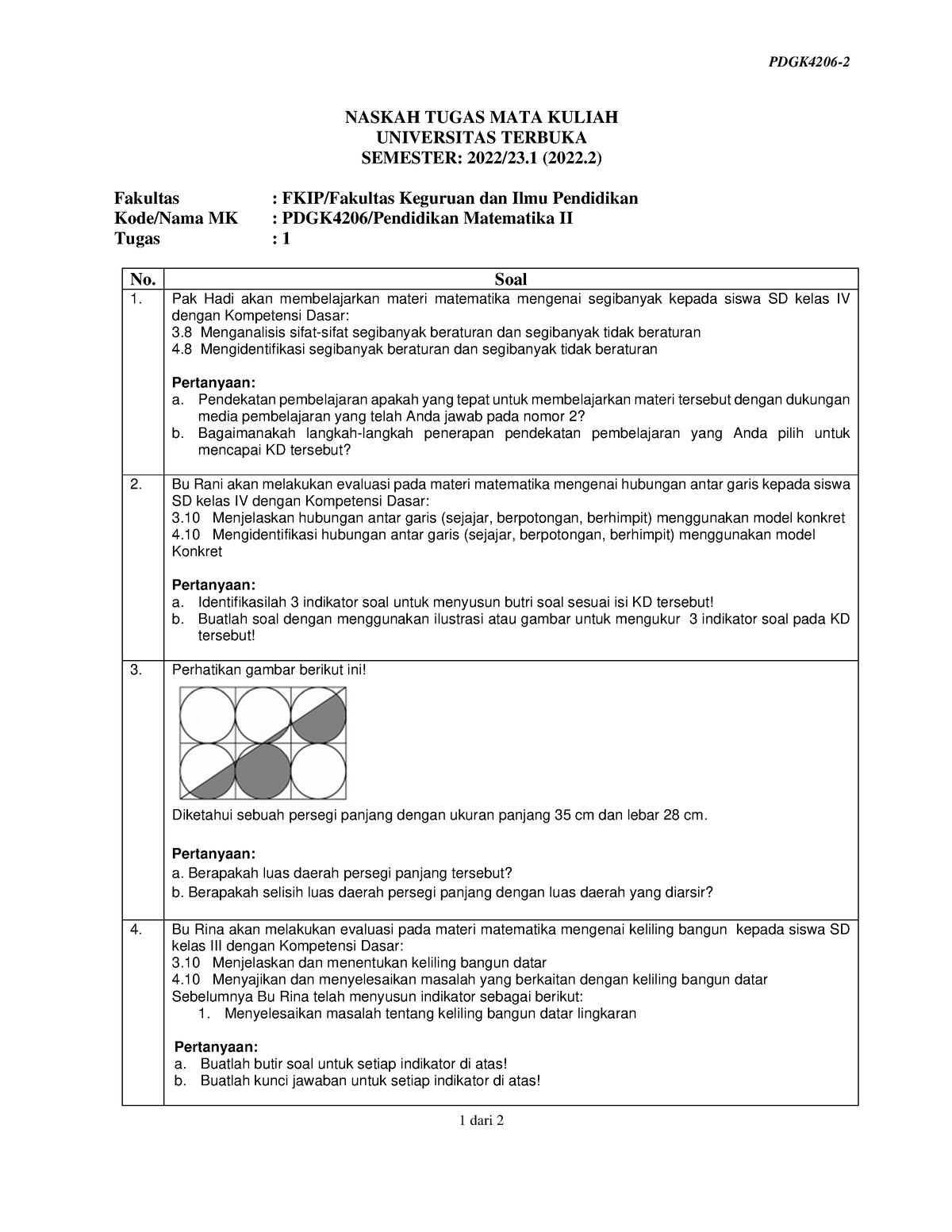 Soal Pdgk4206 Tmk1 2 - Soal Tmk - PDGK4206- 1 Dari 2 NASKAH TUGAS MATA ...