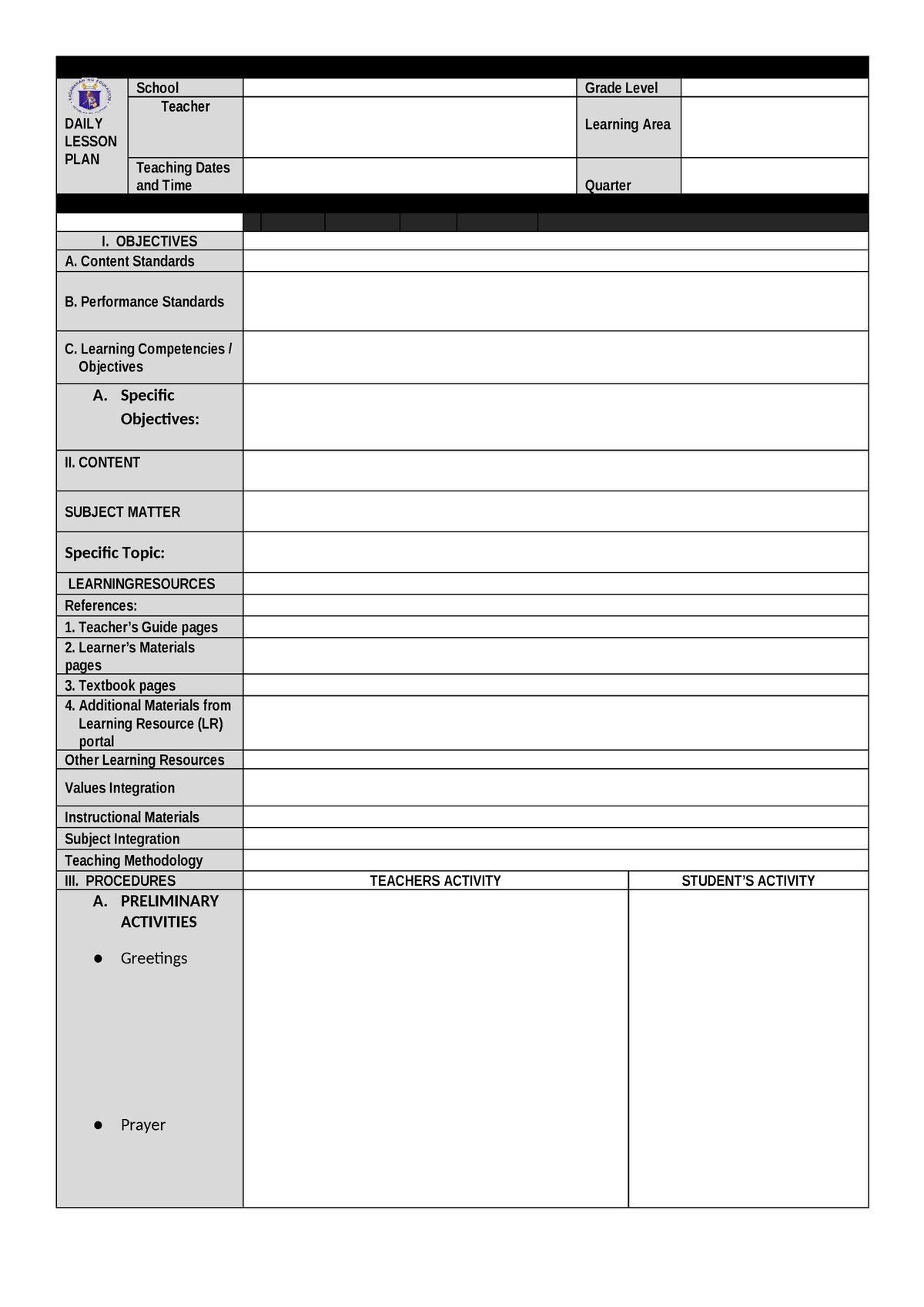 DLP- Template - DAILY LESSON PLAN Teacher Learning Area Teaching Dates ...