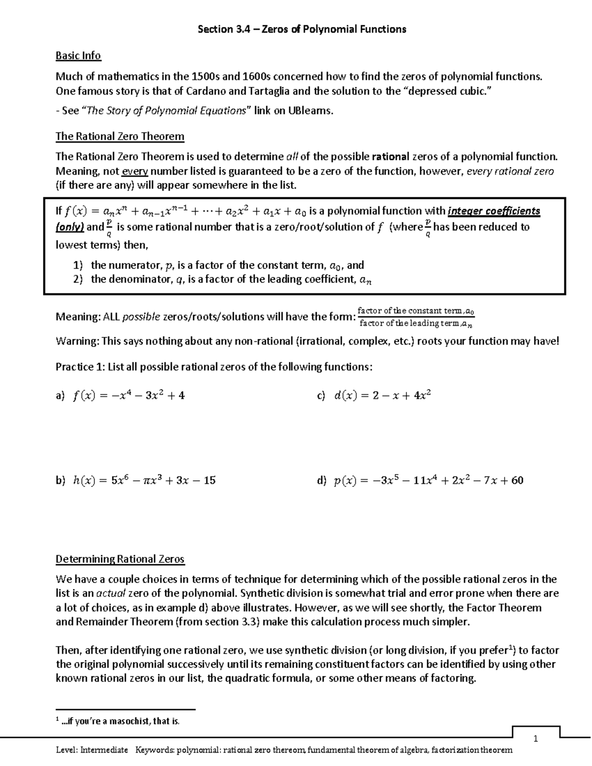 3.4 - Zeros Of Polynomial Functions - MTH 141LR - UB - Studocu