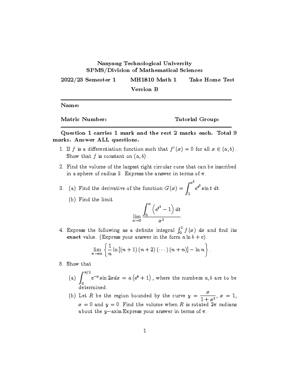 MH1810 Take Home Test 2022 Version B - Nanyang Technological University ...