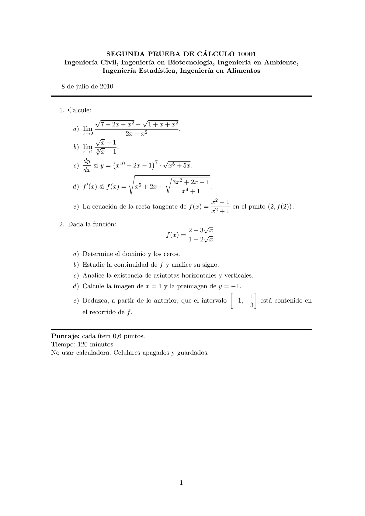 Examen 2015, Preguntas Y Respuestas - ´ SEGUNDA PRUEBA DE CALCULO 10001 ...