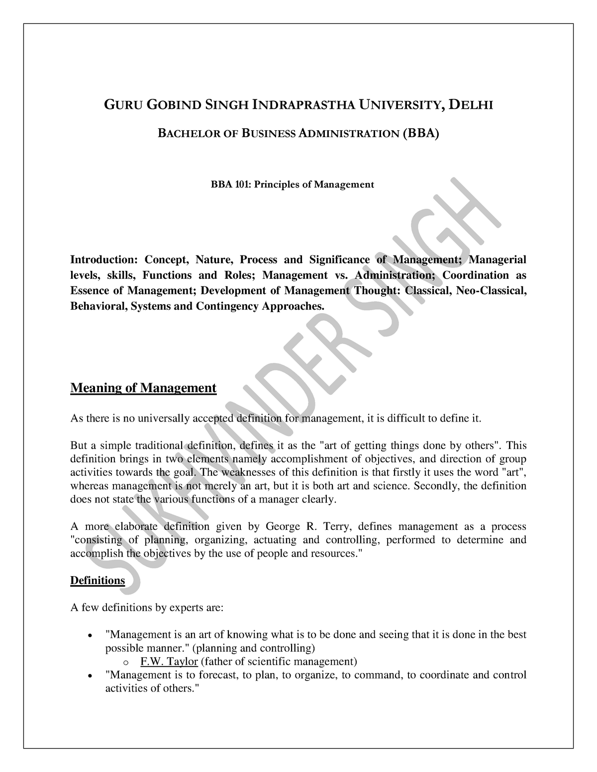 UNIT-1 BBA - Lecture notes 7 - Management Process & Organizational - StuDocu