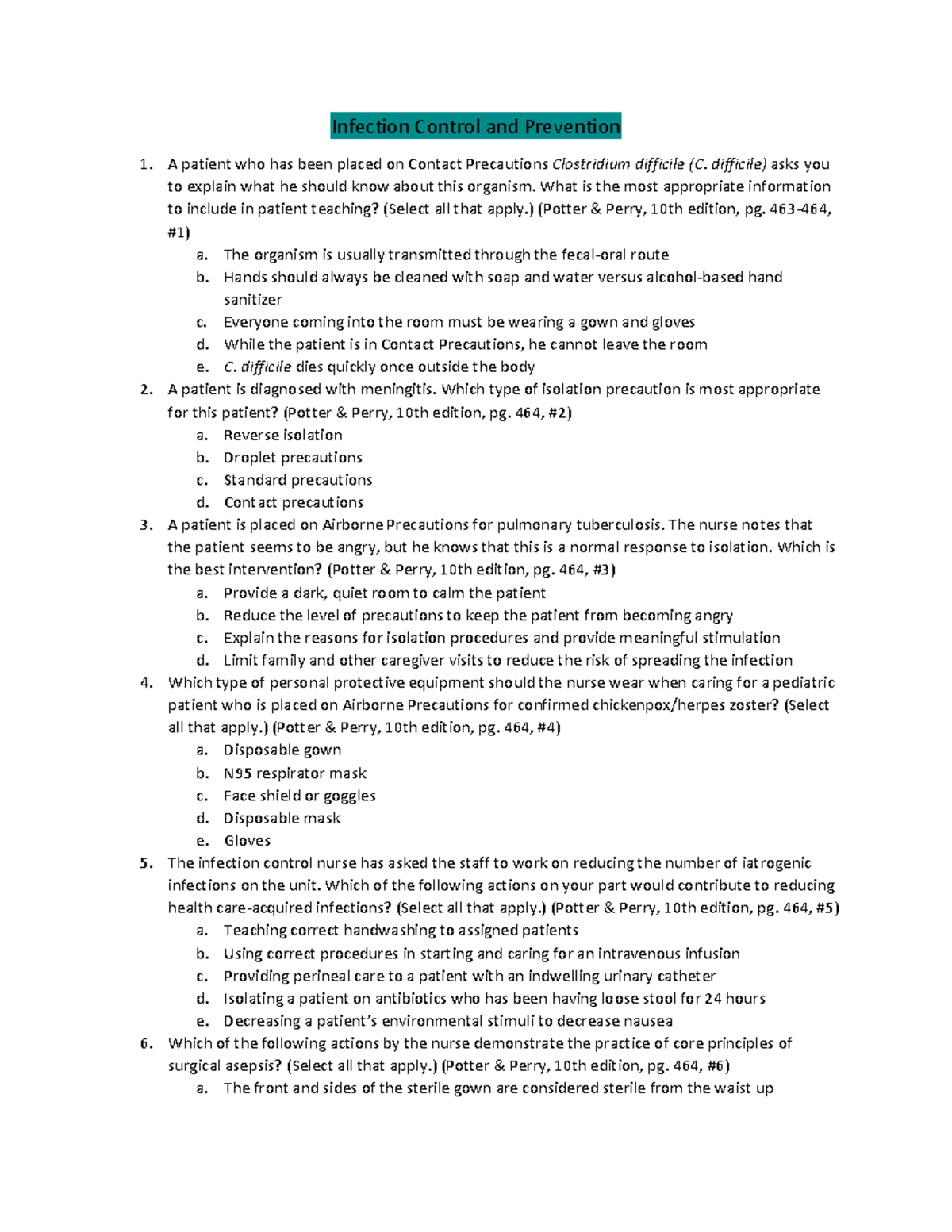 NR224 Exam 1 Practice Questions-Infection Control And Prevention - Infection Control And ...