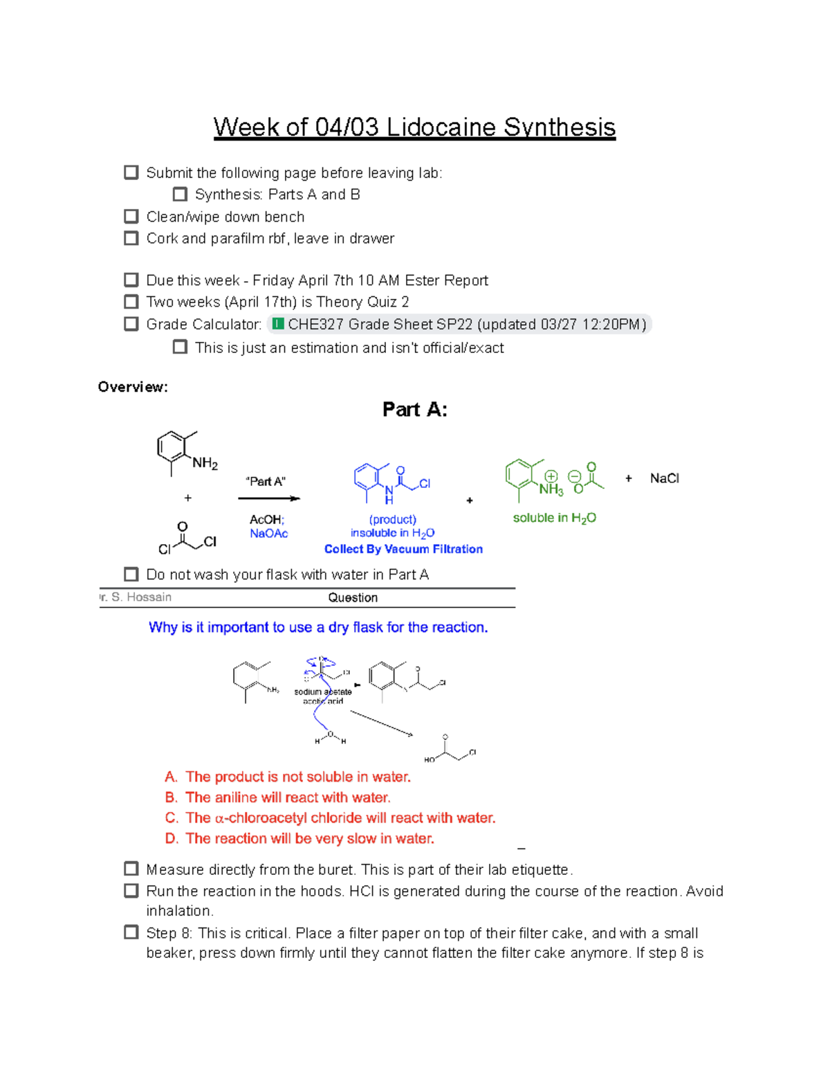 Lido 1 - made by TA - Week of 04/03 Lidocaine Synthesis Submit the ...