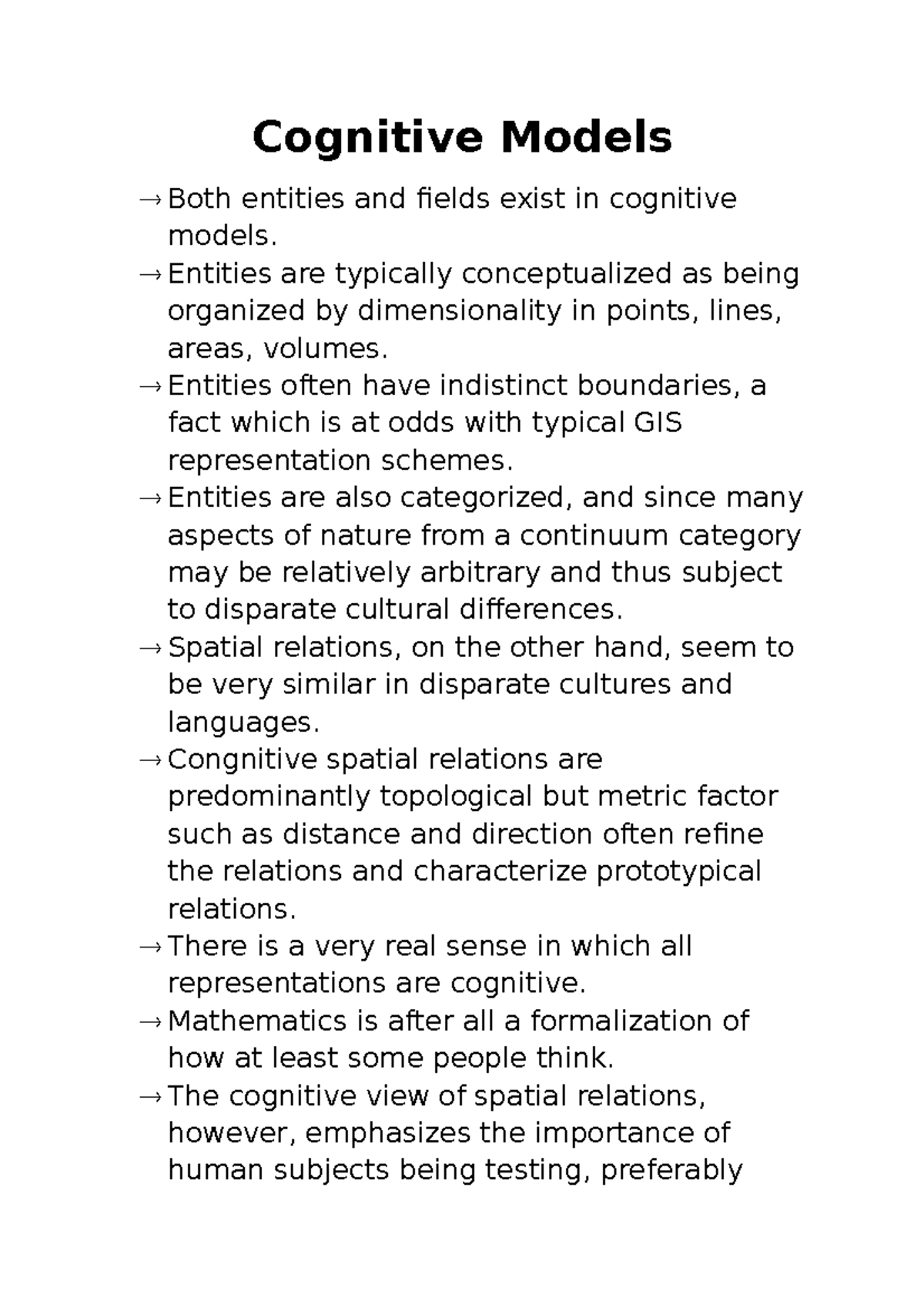 Cognitive Models GIS Cognitive Models Both Entities And Fields Exist