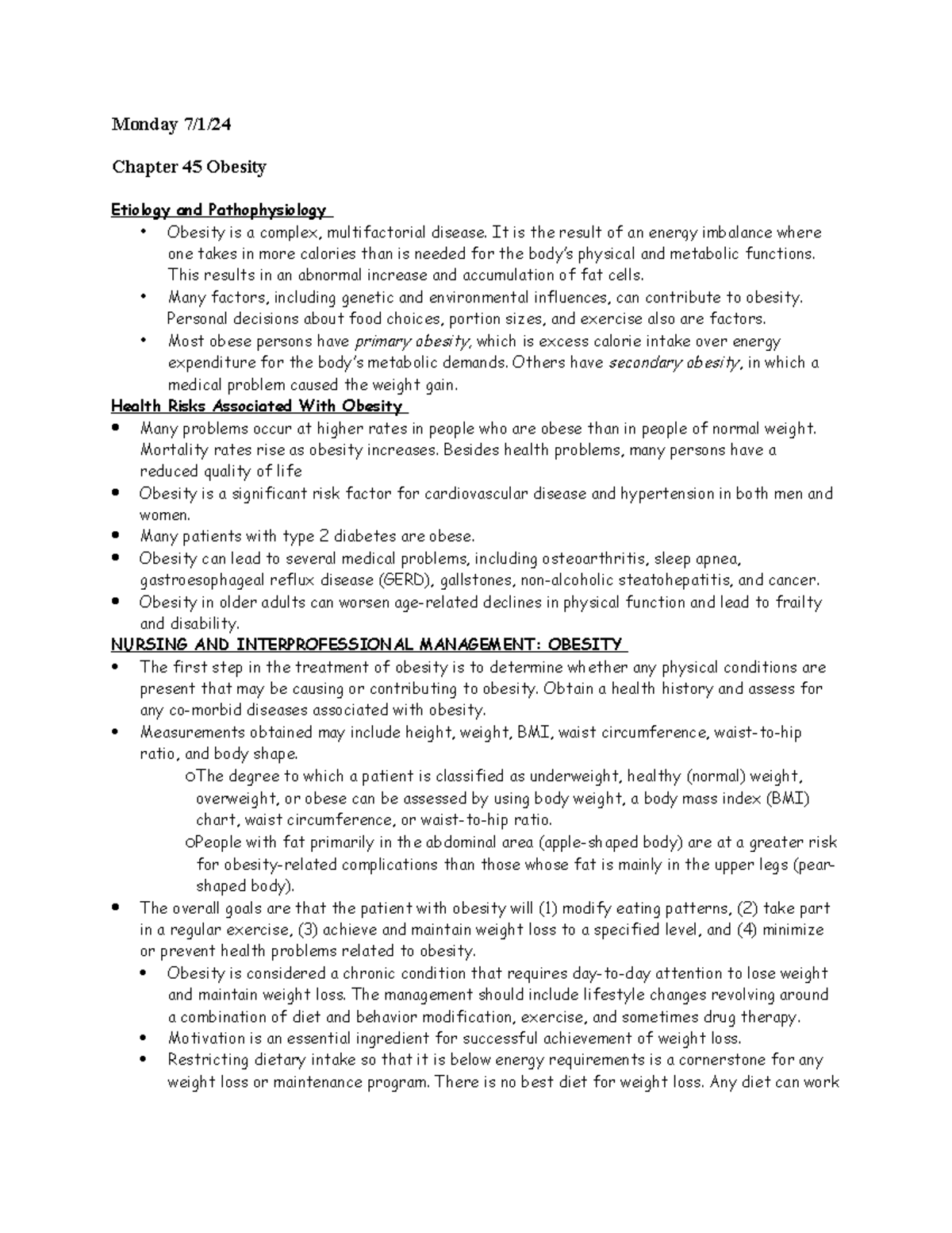 Monday 7.1.24 keypoints - Monday 7/1/ Chapter 45 Obesity Etiology and ...