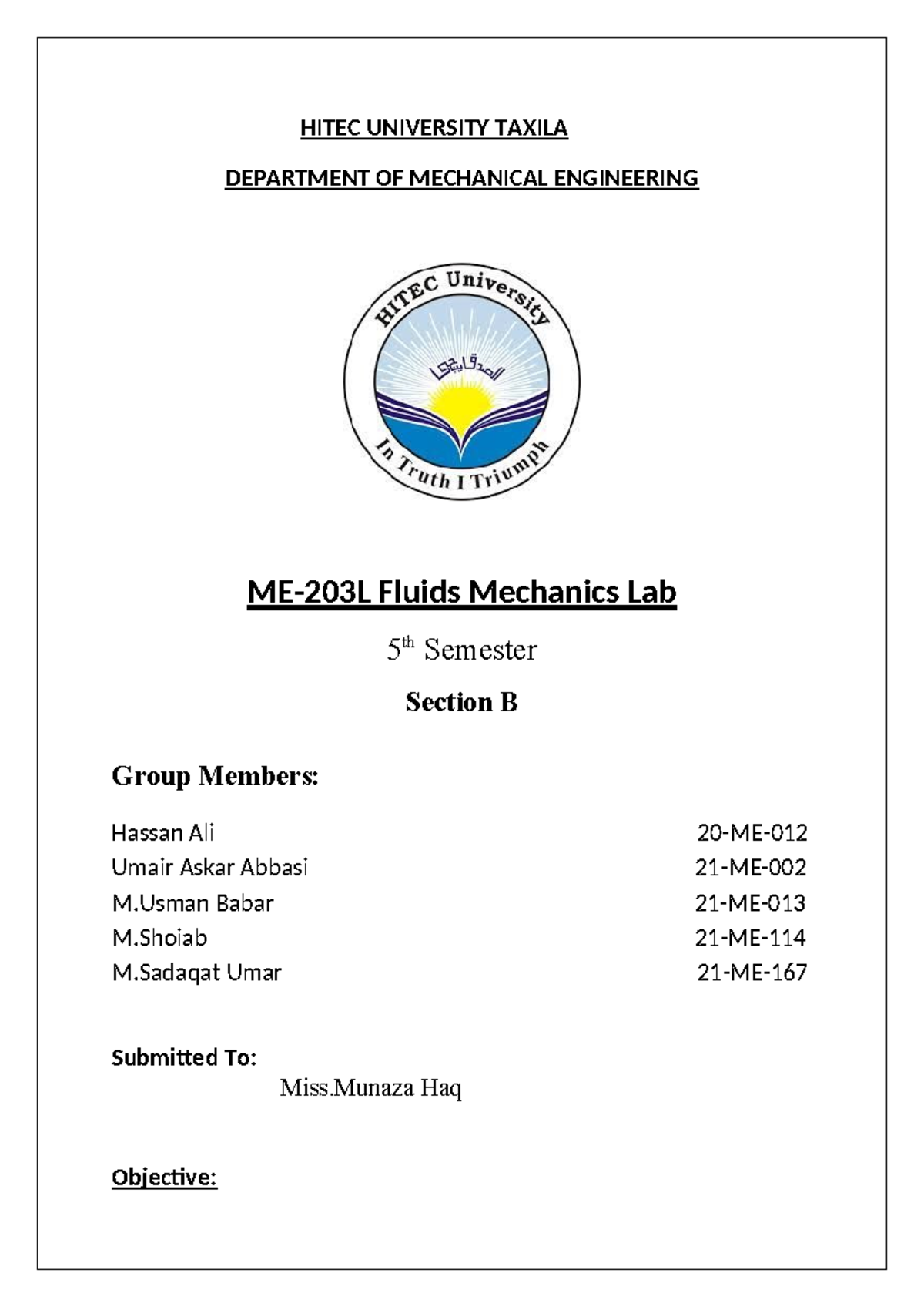 Fall ball HITEC UNIVERSITY TAXILA DEPARTMENT OF MECHANICAL