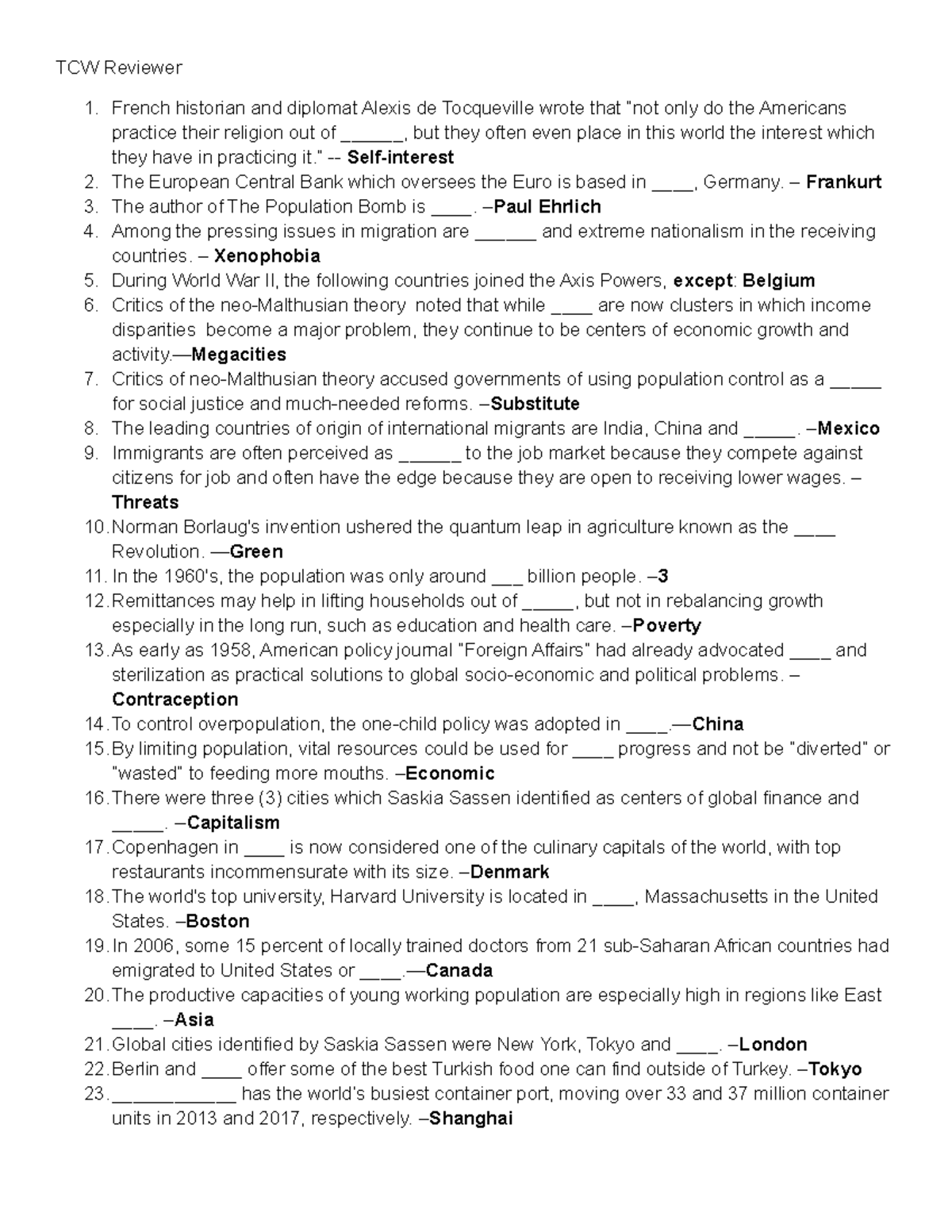 TCW Finals long quiz - Tcw answey key for quizzes - TCW Reviewer 1 ...