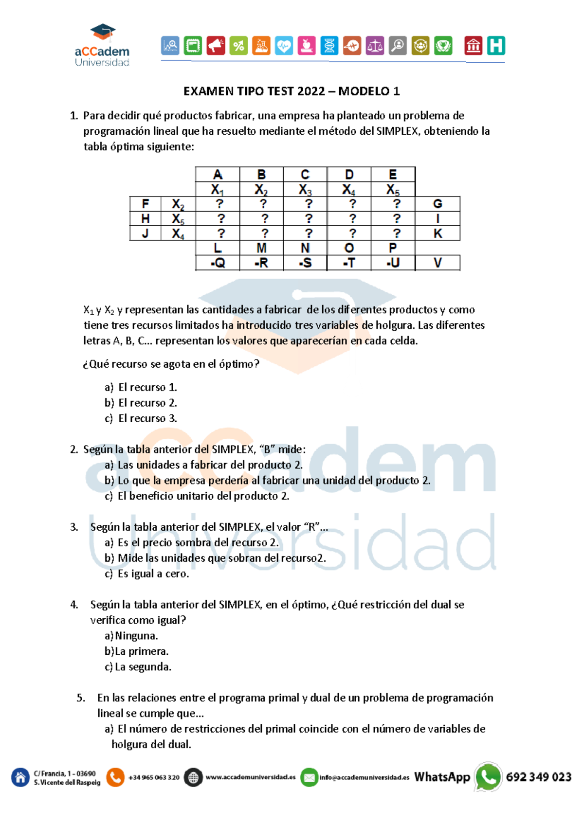 Examen Modelo 1 TIPO TEST 2022 - EXAMEN TIPO TEST 2022 – MODELO 1 Para ...