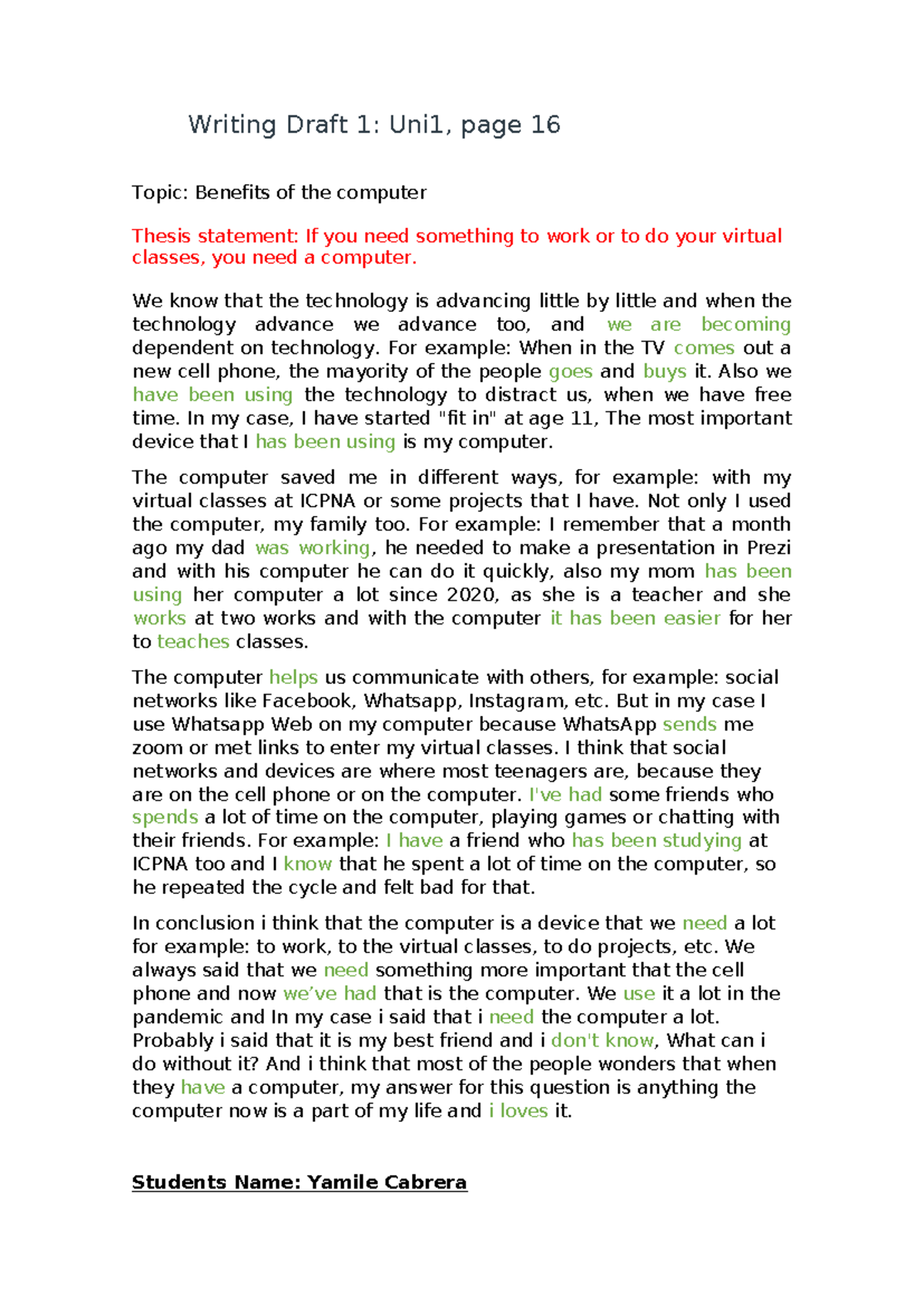 Writing Draft 1- Page 16 - Writing Draft 1: Uni1, page 16 Topic ...