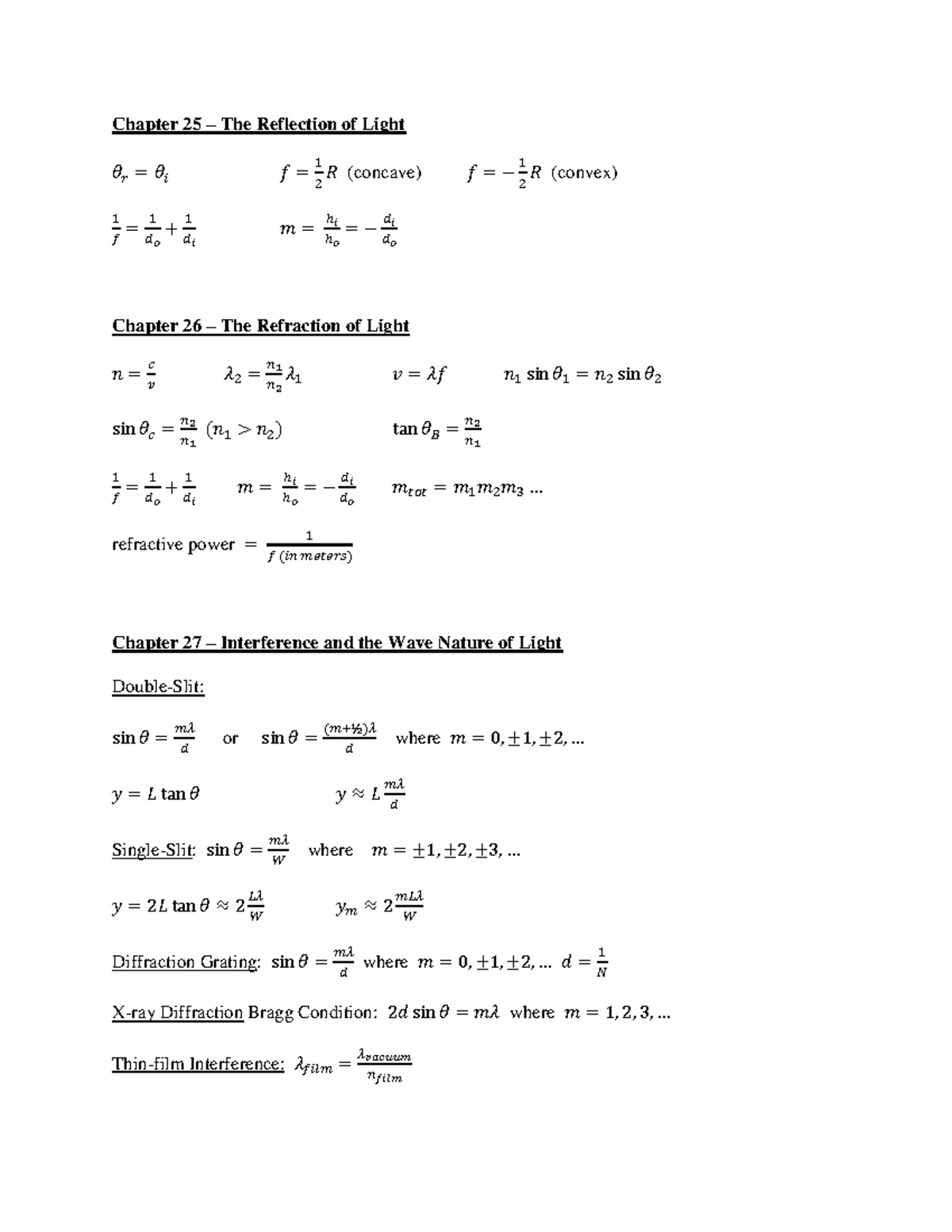 Phys 142 Exam 4 Equation Sheet - Chapter 25 – The Reflection of Light ...