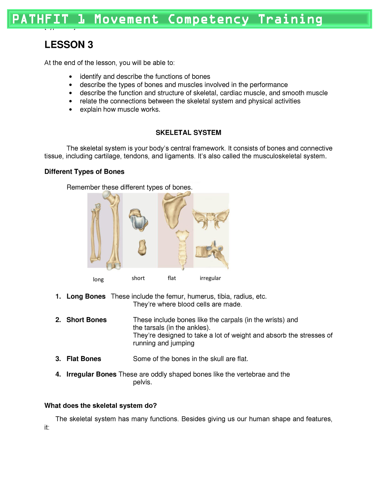 Pathfit 1 Lesson 3 - For P. E Bones And Muscle - [Type Here] LESSON 3 ...