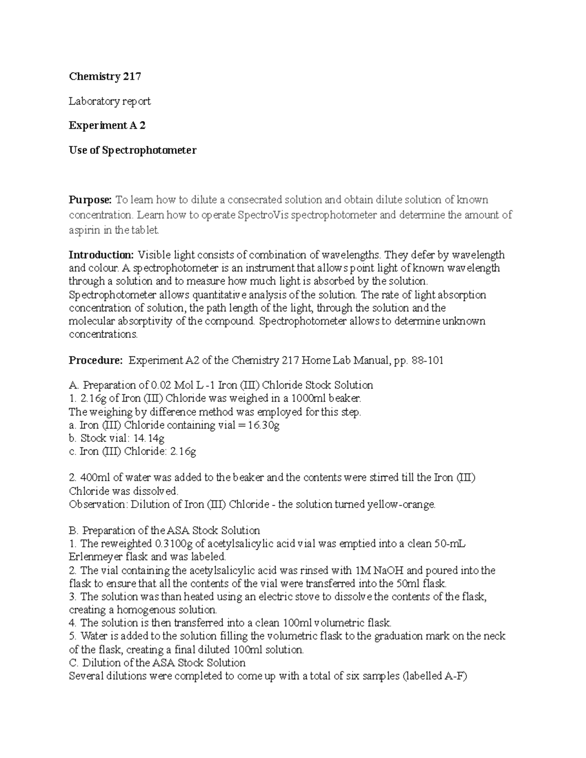 Chemistry 217 Laboratory Report Spectrophotometer Experiment Studocu