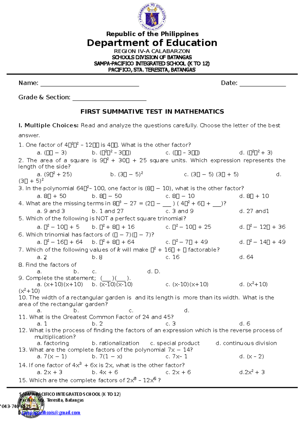 1st summative test in math 8 - Department of Education REGION IV-A ...