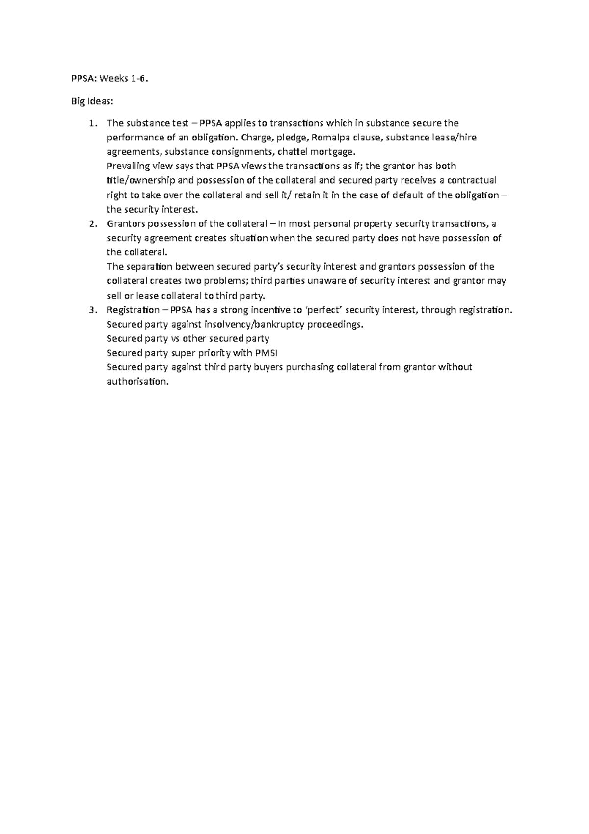PPSA notes - PPSA: Weeks 1-6. Big Ideas: The substance test – PPSA ...