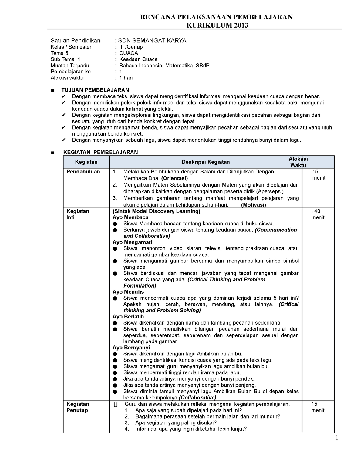 RPP Gabung - RENCANA PELAKSANAAN PEMBELAJARAN KURIKULUM 2013 Satuan ...