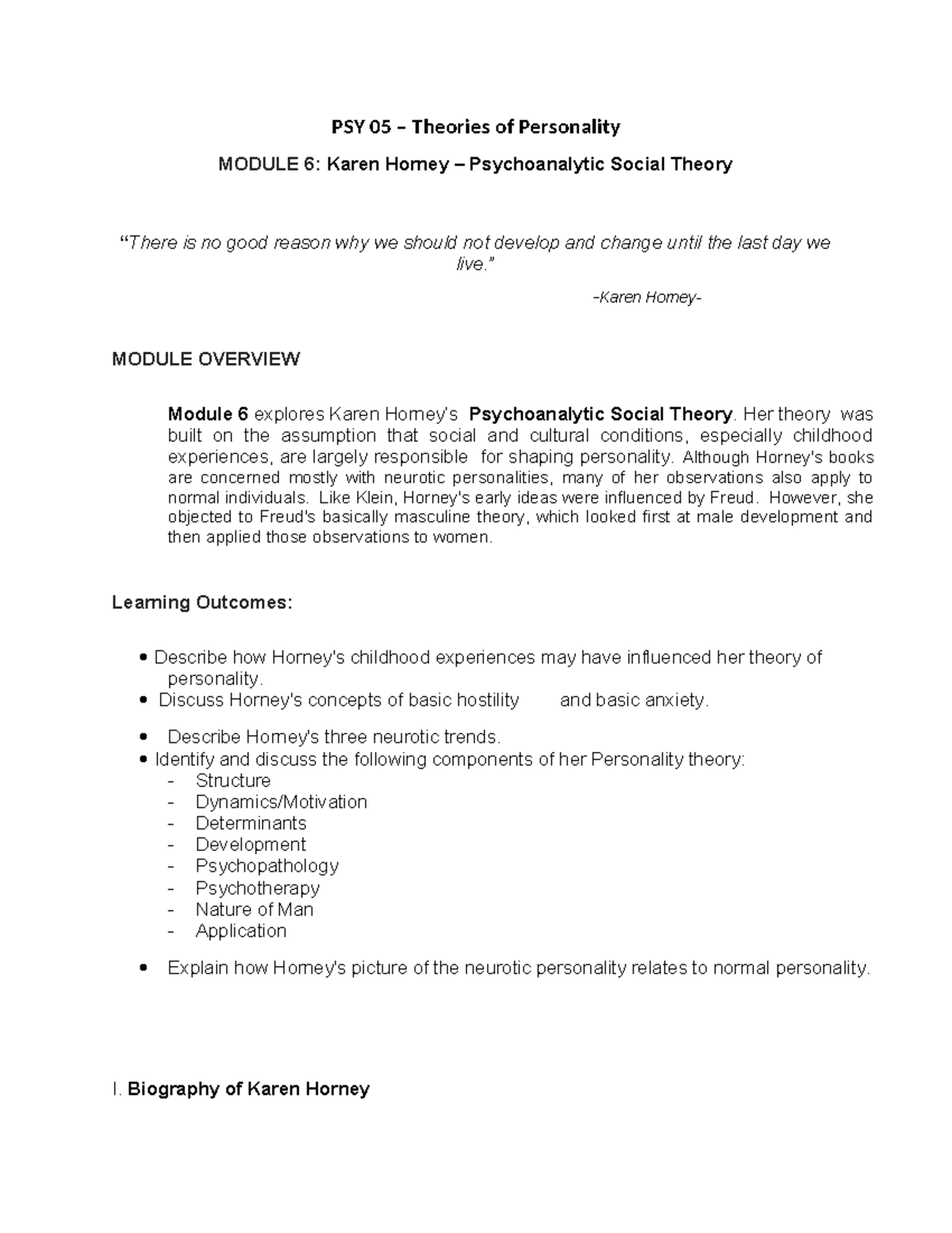 Horney Psychoanalytic Social Theory - PSY 05 – Theories Of Personality ...