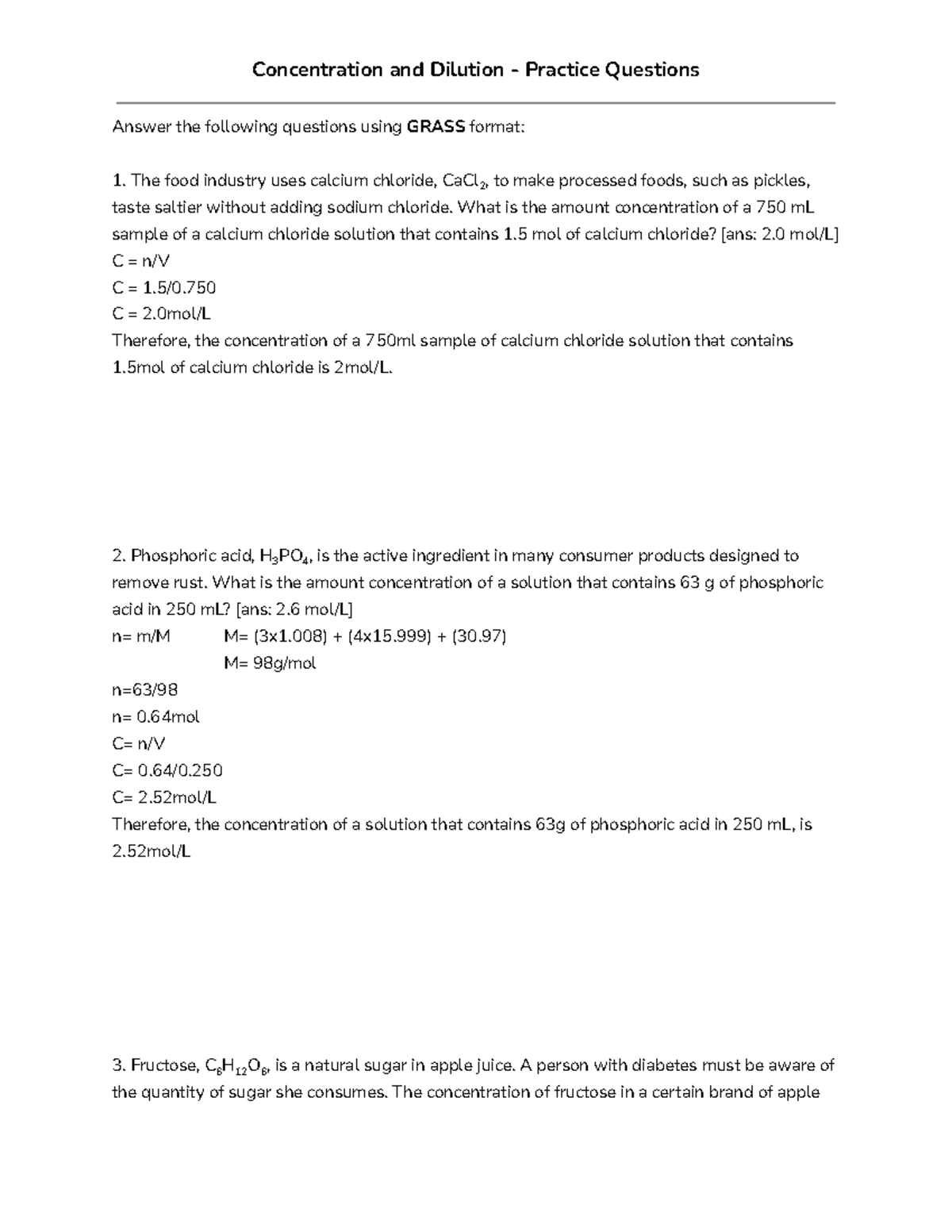 Concentration and Dilution Practice Questions - Concentration and ...