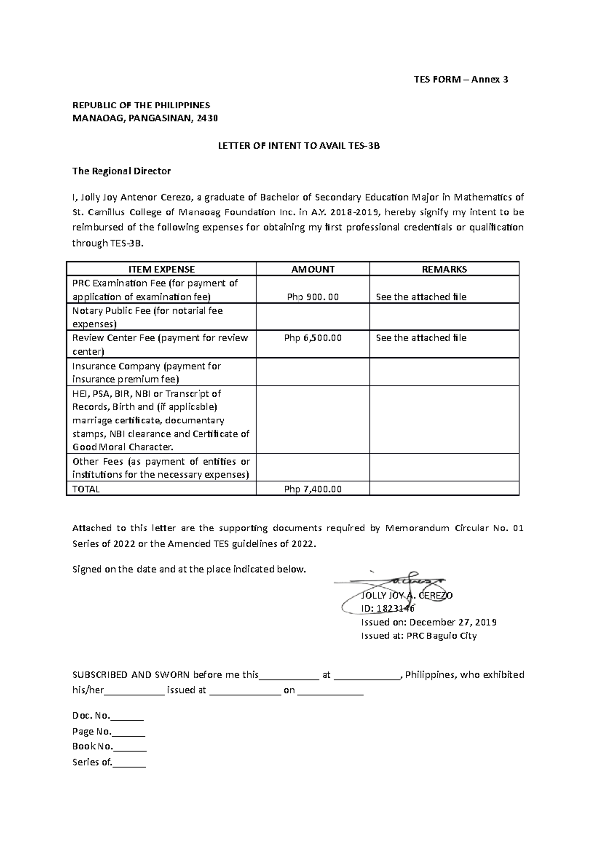 TES FORM - School purposes - TES FORM – Annex 3 REPUBLIC OF THE ...