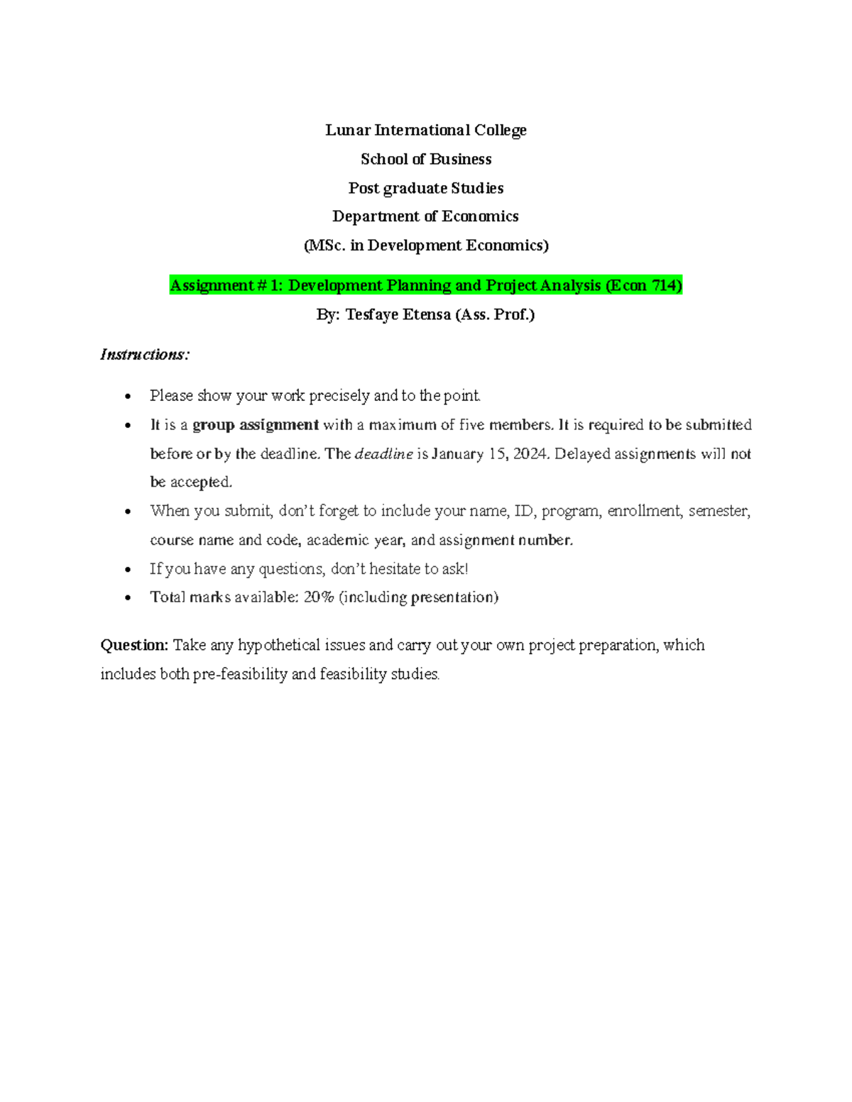 Individual and group assignment of Development planning and project ...
